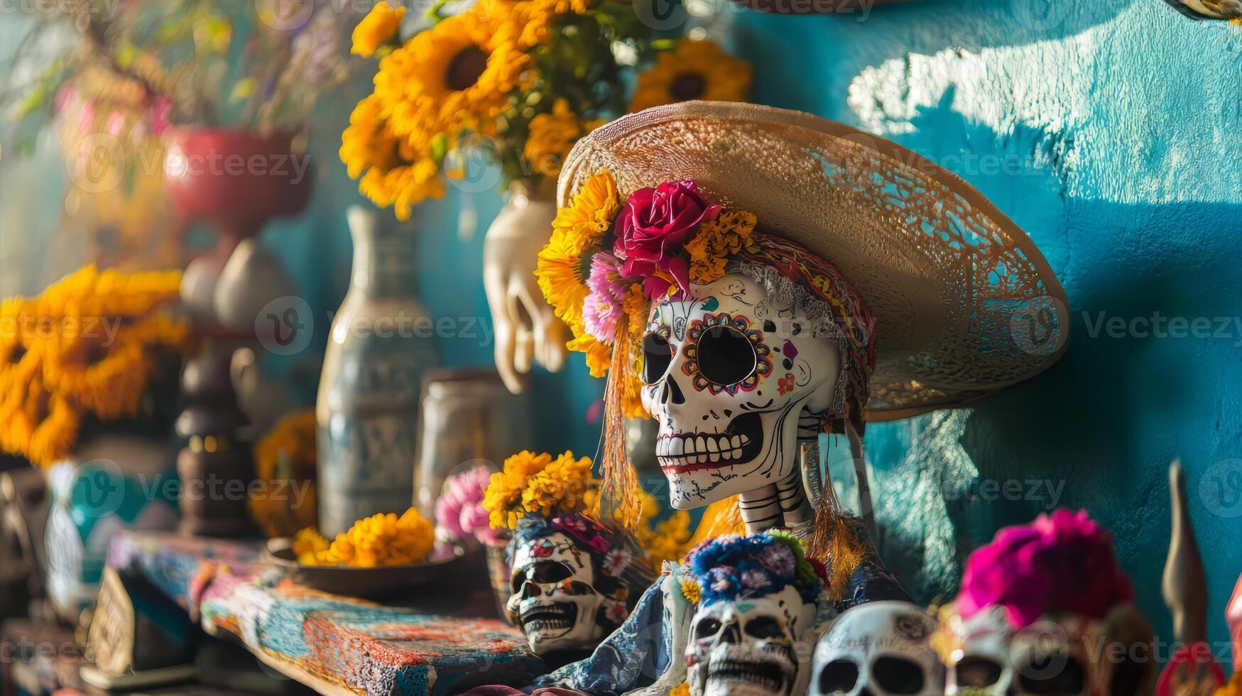 Vibrant Dia de los Muertos with Colorful Skulls and Flowers photo