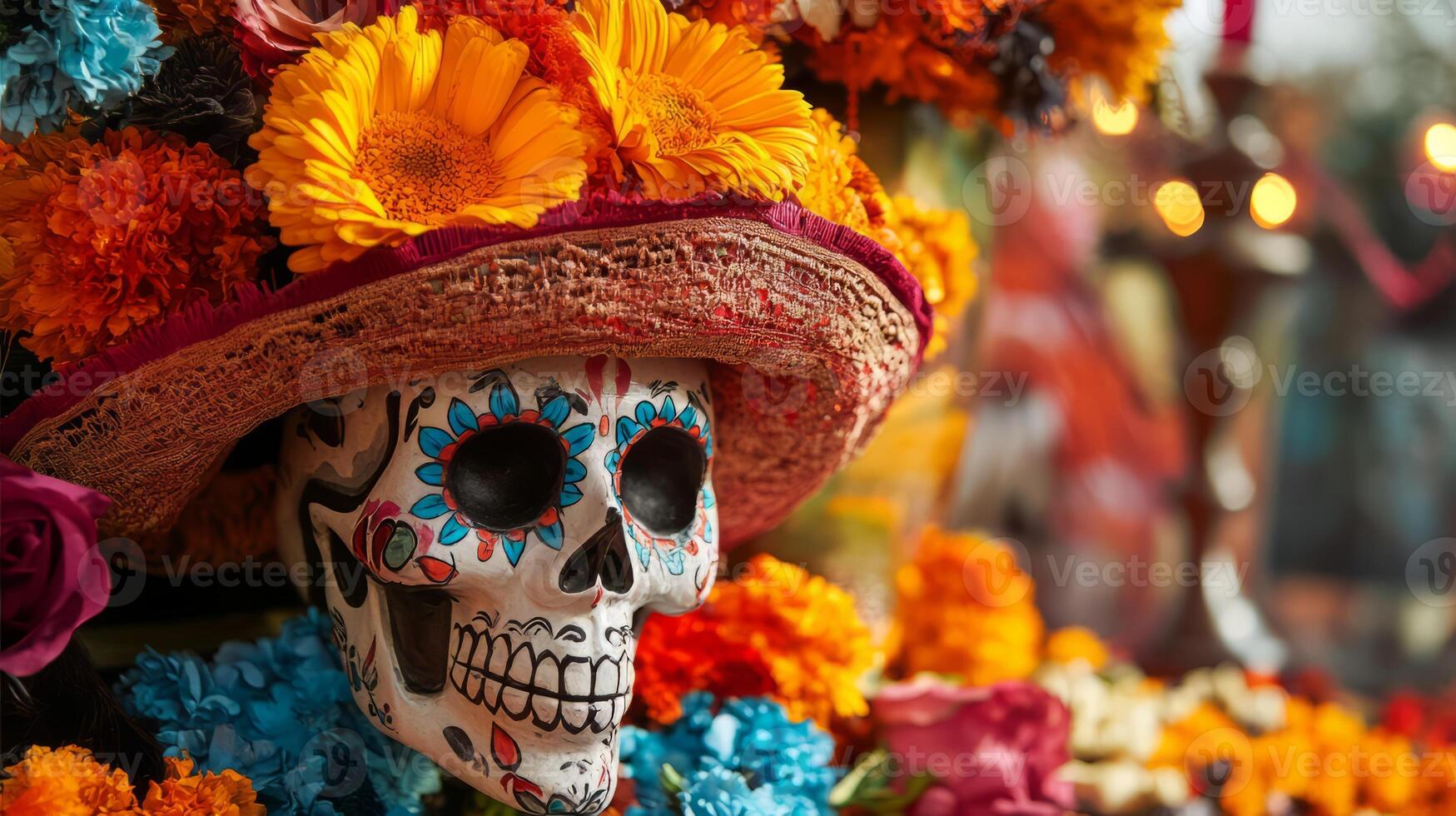 Colorful Sugar Skull with Sombrero and Marigold Flowers for Day of the Dead photo
