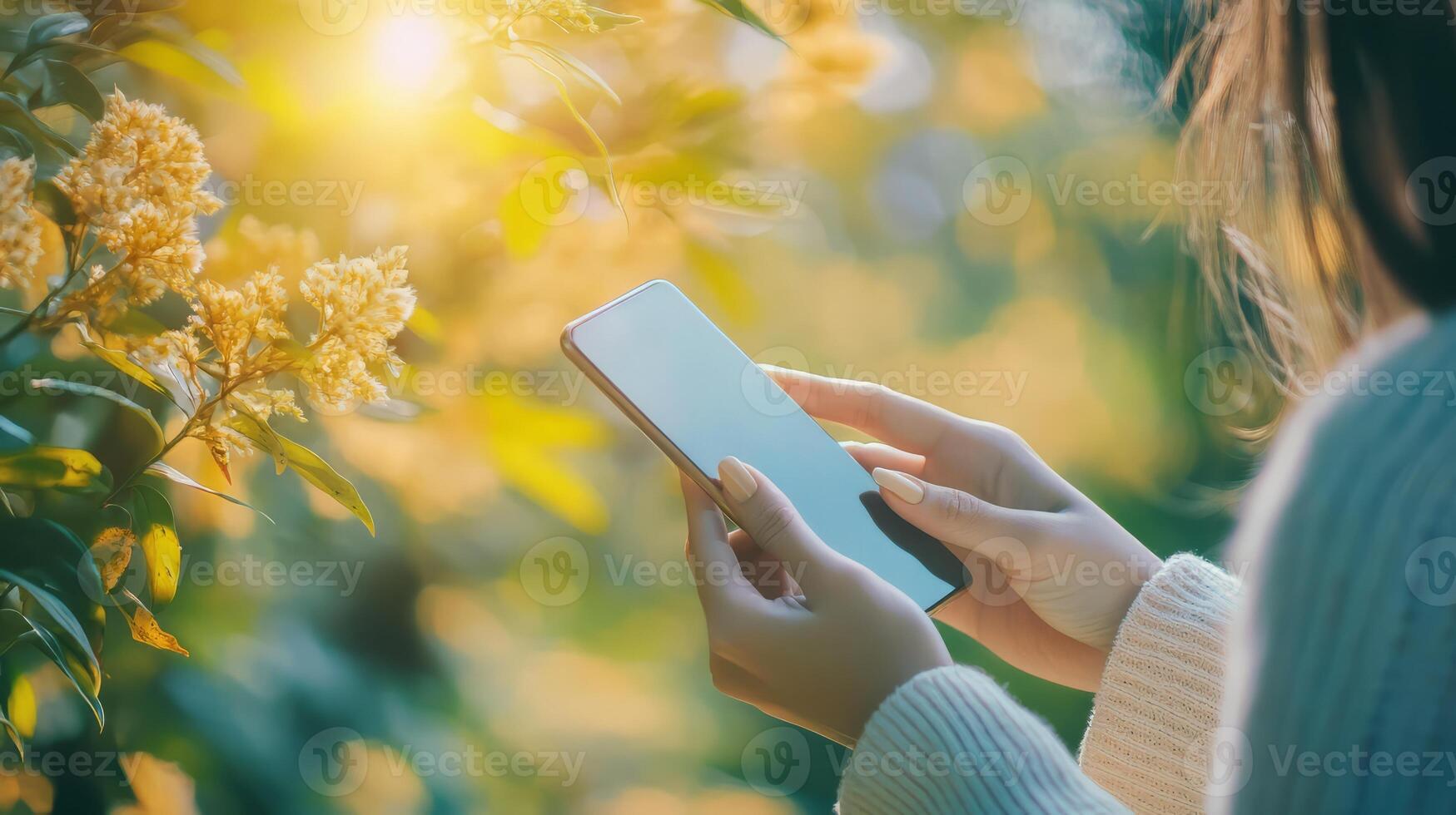 Woman using smartphone while surrounded by nature and greenery photo