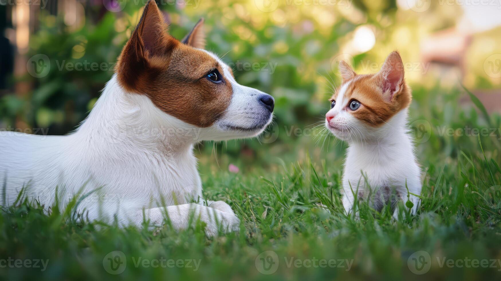Adorable Pets Playing Together in Lush Outdoor Setting photo