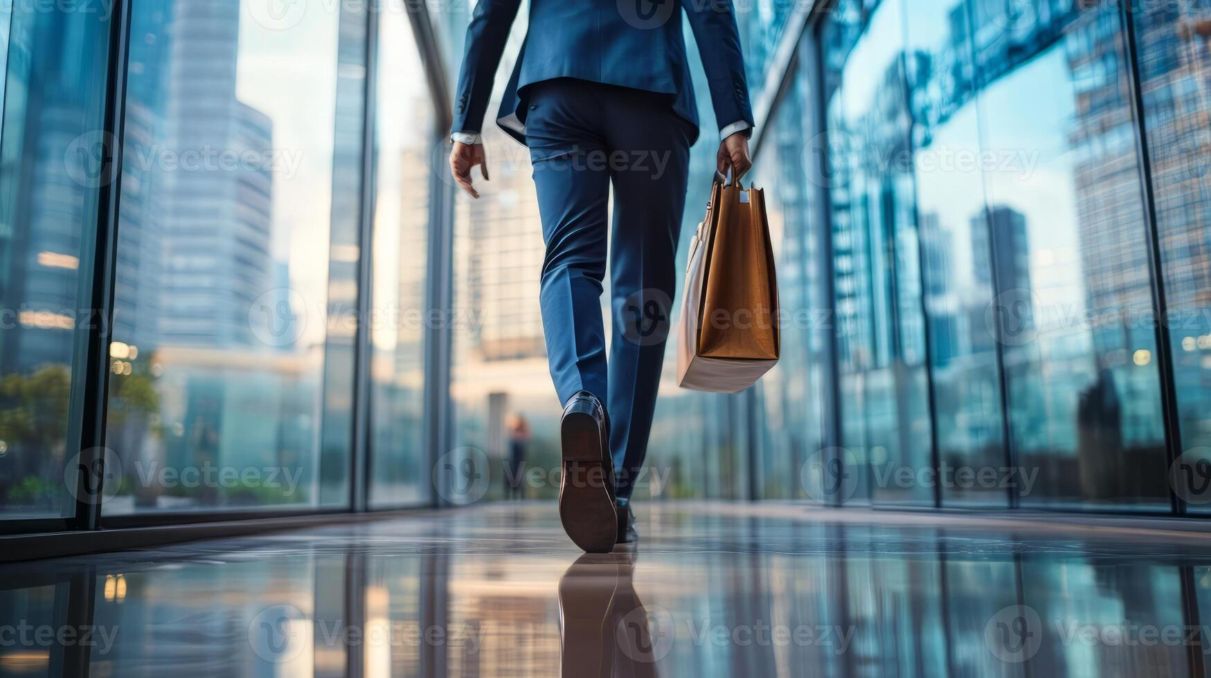 Businessman walking in modern city with skyscrapers and glass buildings photo