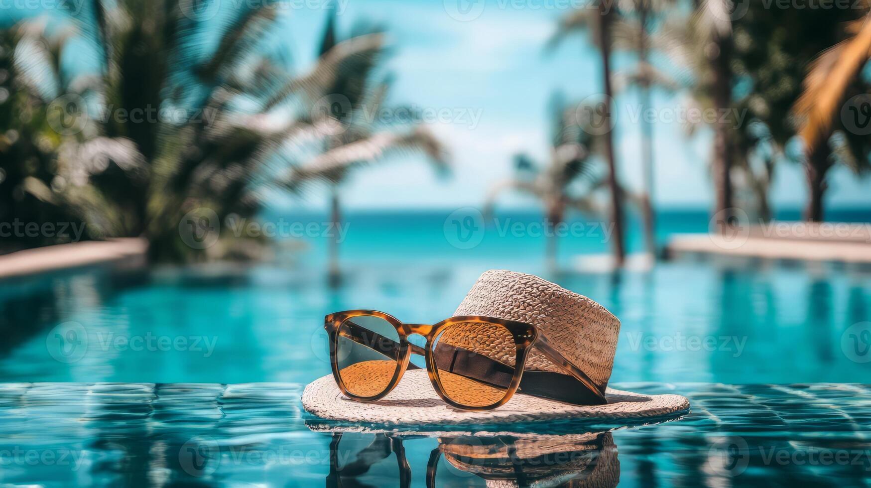 Relaxing at a Tropical Resort Pool with Sunglasses and a Hat on a Sunny Day photo