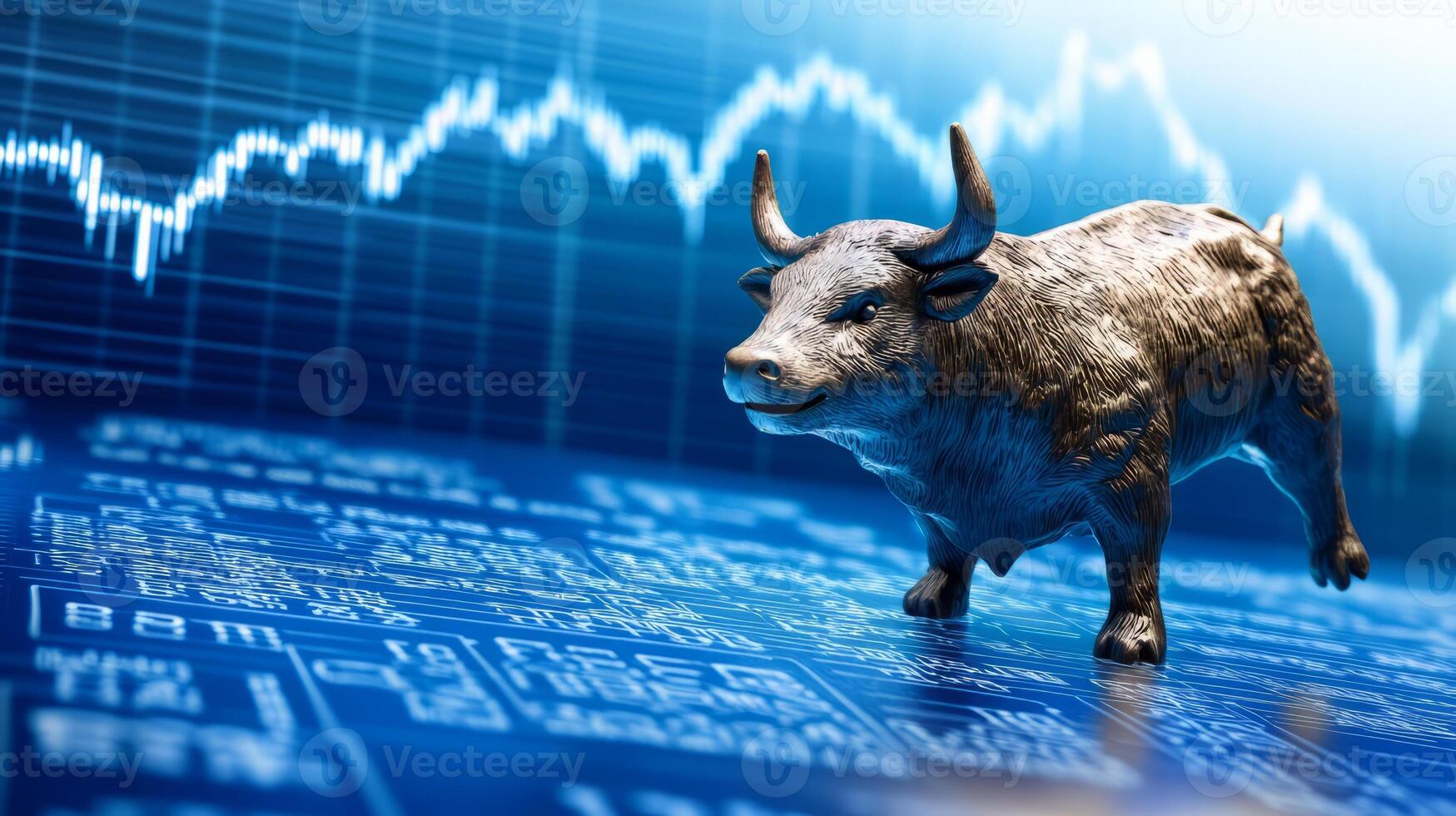 Bull Statue Charging Through Volatile Financial Data and Charts photo