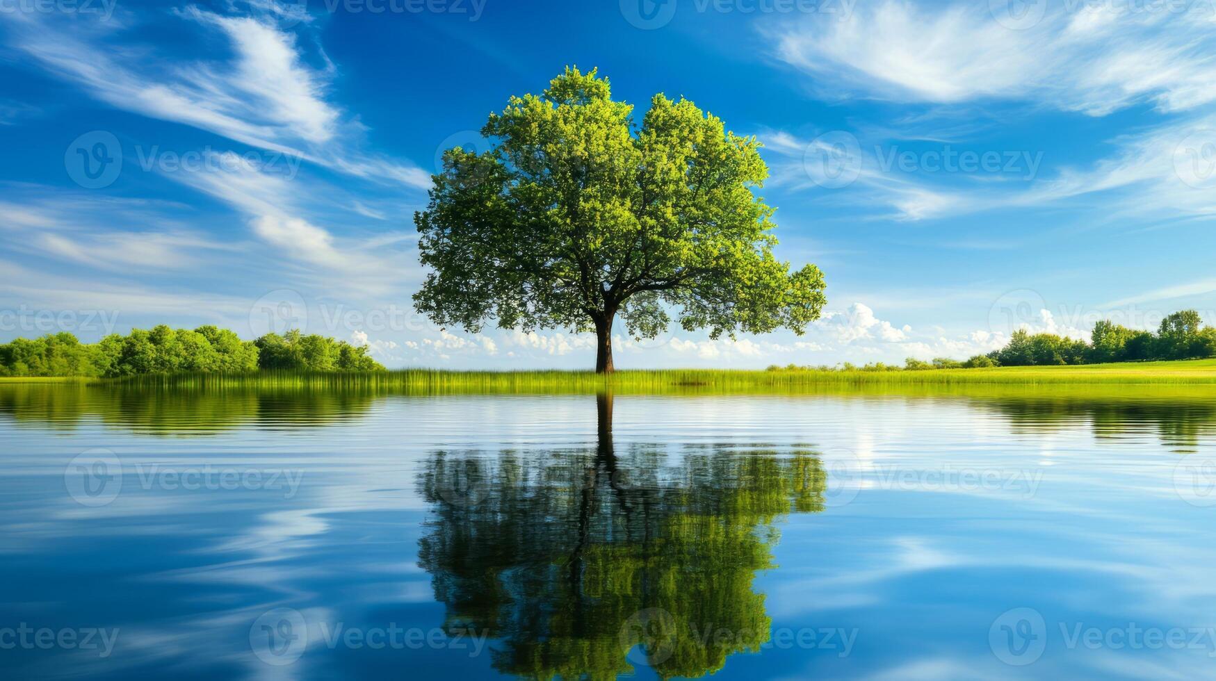 Serene Reflection of a Lush Green Tree in a Calm Lake Under a Scenic Sky photo