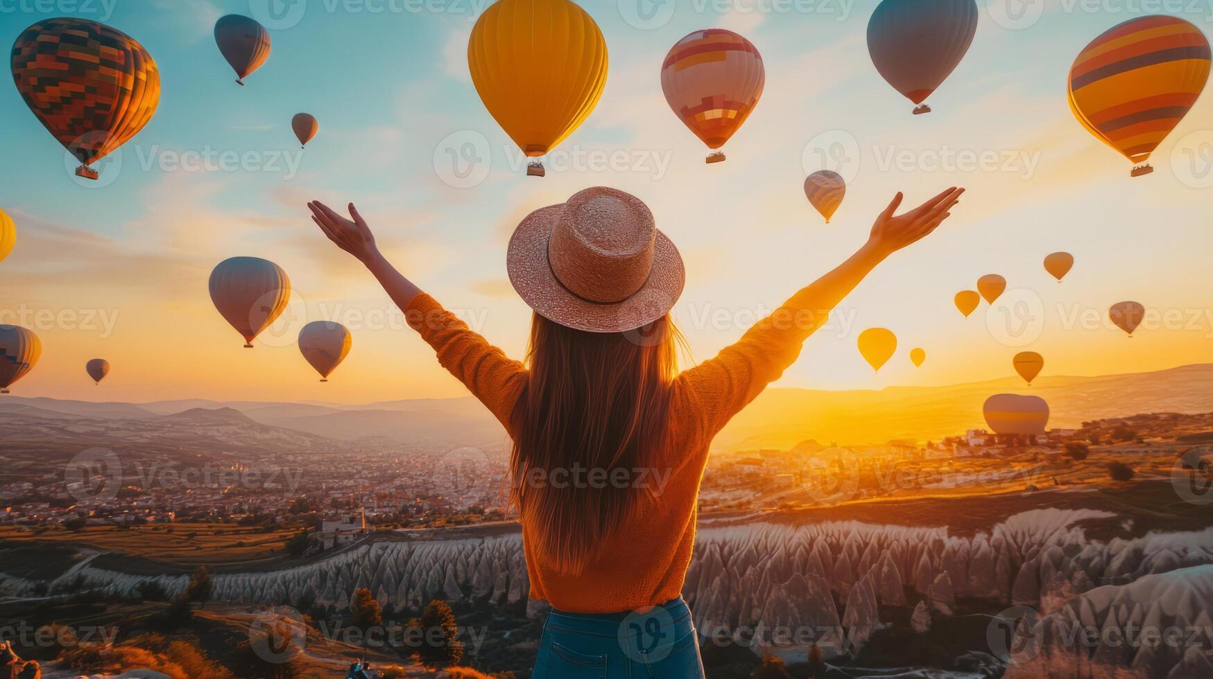 Woman Enjoying Breathtaking Sunset and Hot Air Balloons in Serene Landscape photo