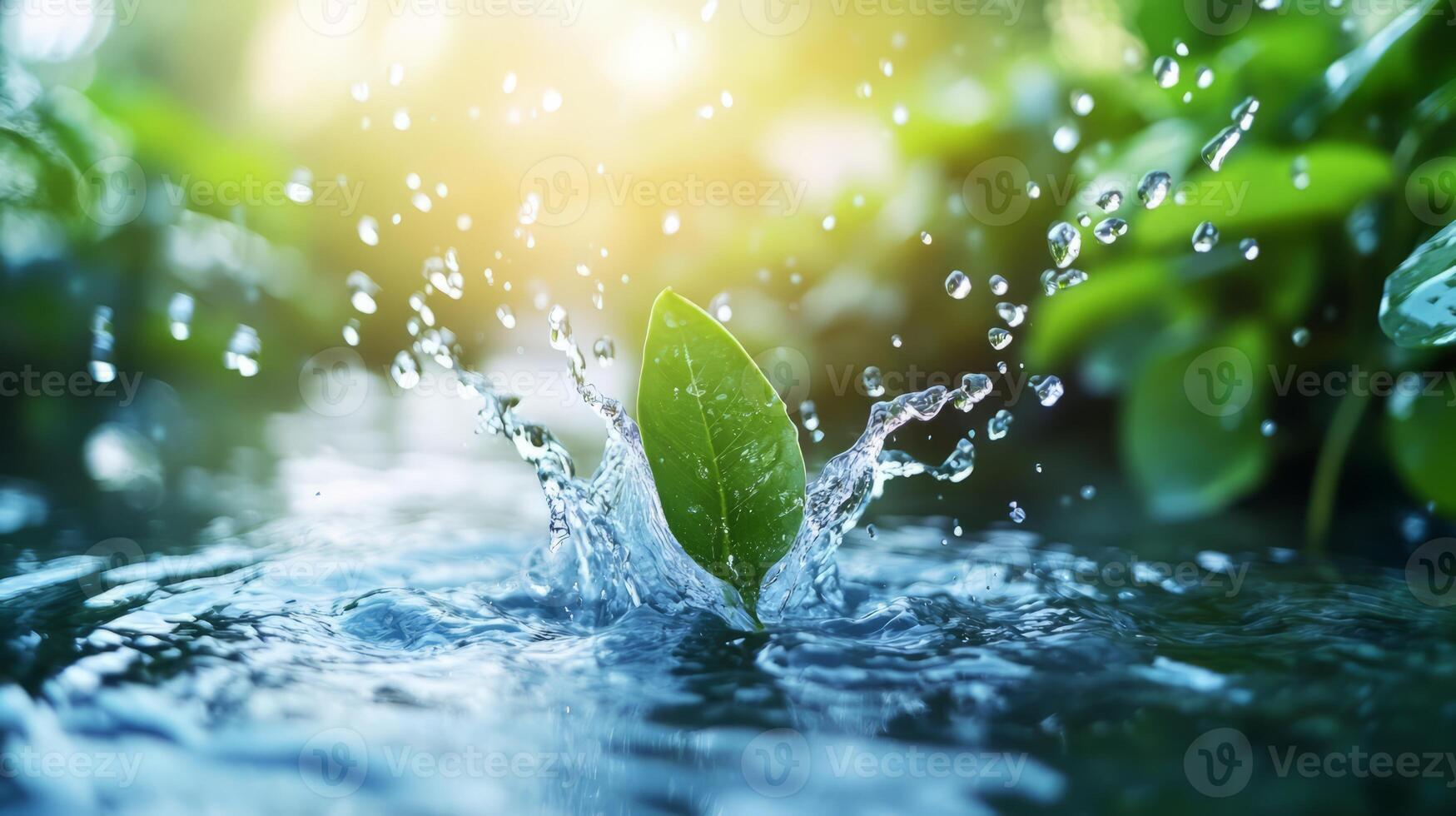 Refreshing Leaf Splash in Lush Green Nature Scenery with Dazzling Sunlight and Misty Bokeh Effect photo