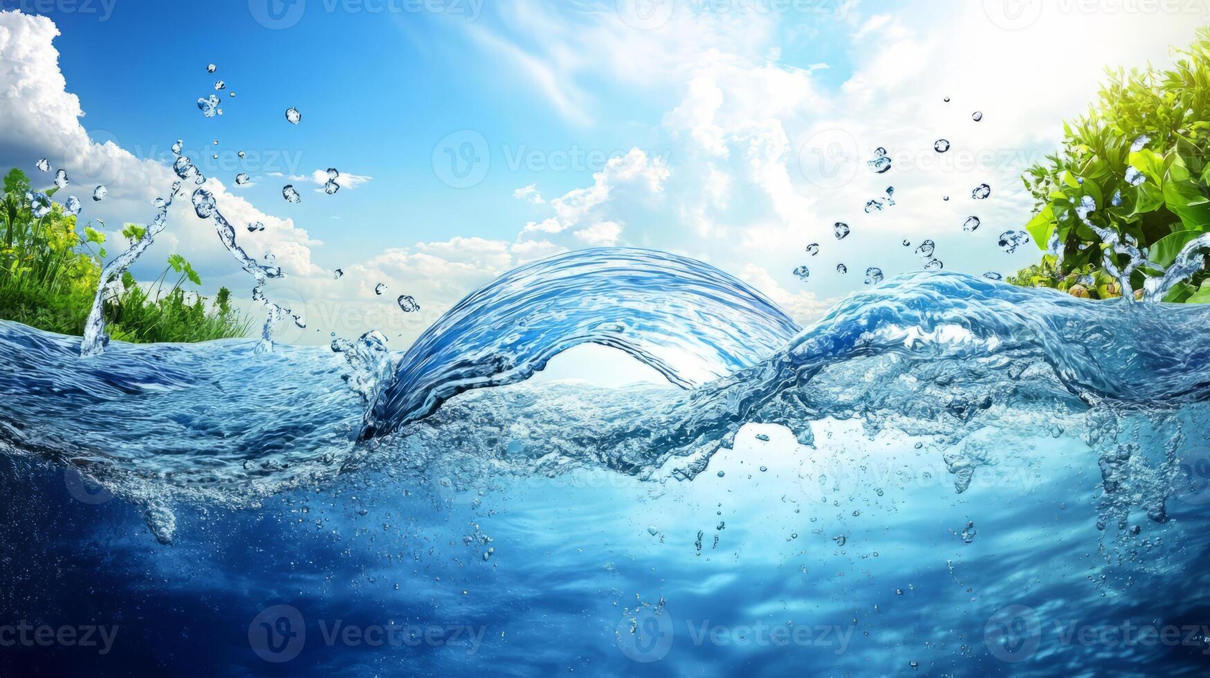Captivating Blue Waves Amidst Lush Greenery and Bright Sky photo