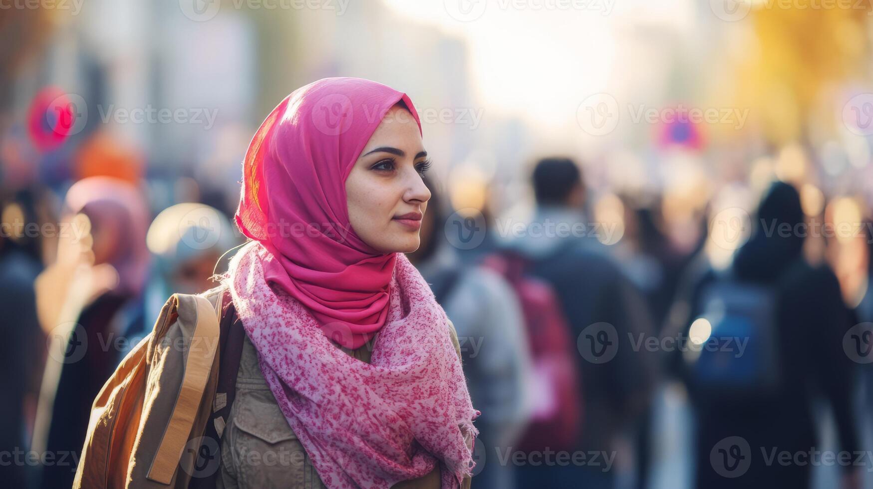 Confident Young Muslim Woman Wearing Hijab Smiling in City Street photo