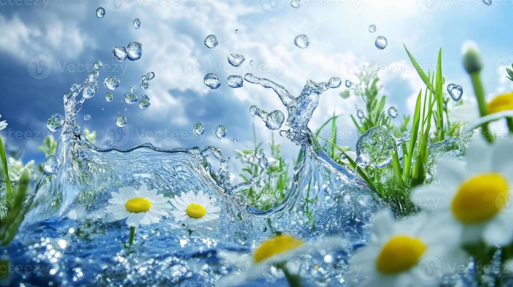 Splashing Droplets on Daisy Flowers in Lush Green Meadow Under Cloudy Blue Sky photo