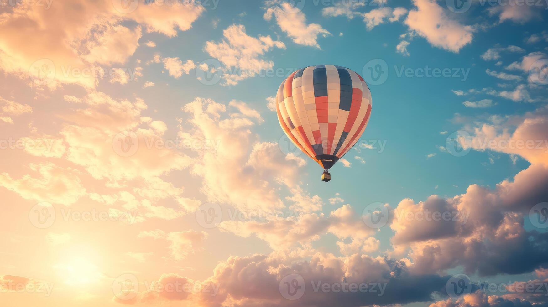 Vibrant Hot Air Balloon Floating in Dramatic Sunset Sky Amid Fluffy Clouds photo