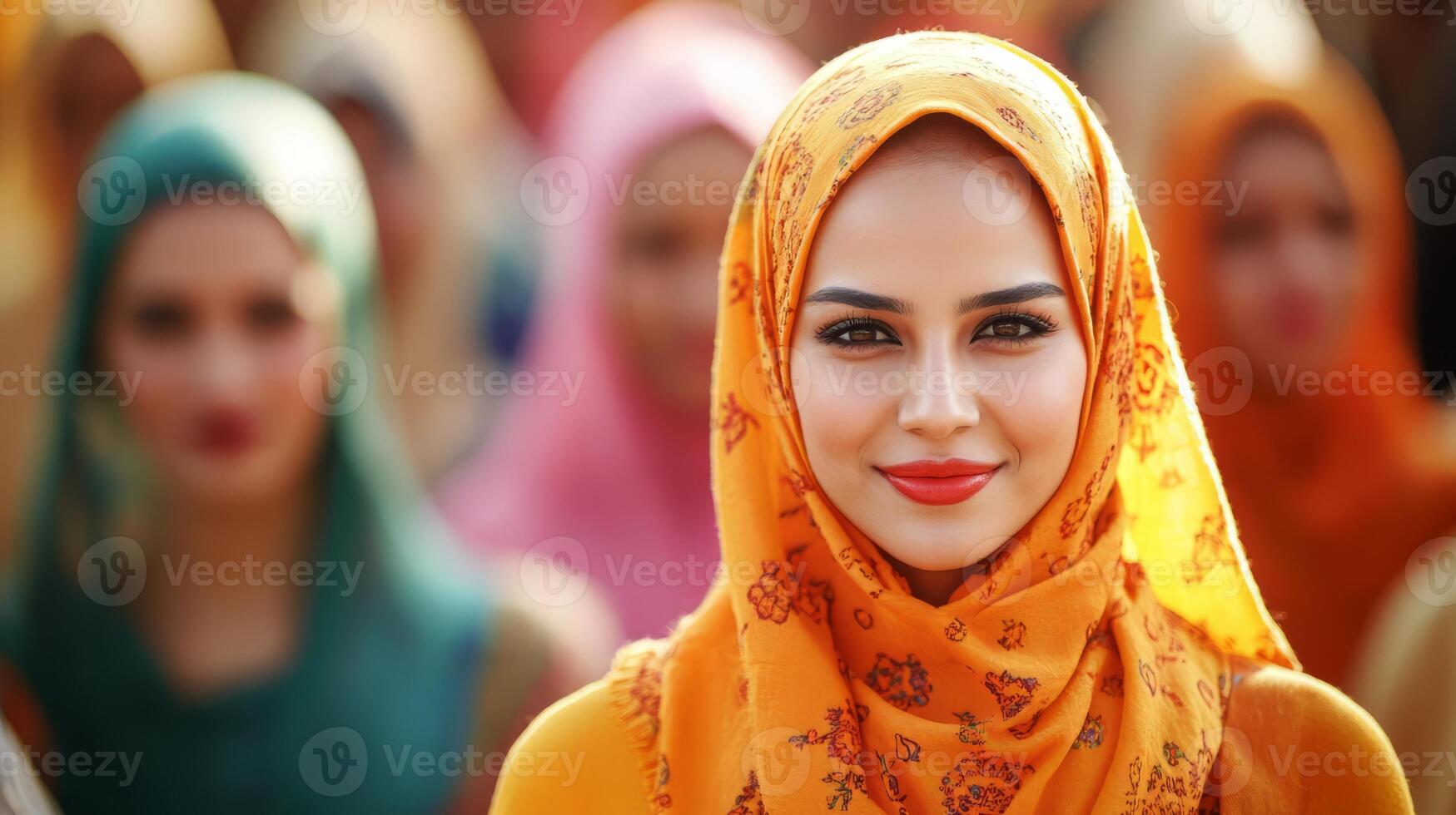 Vibrant Hijab-Clad Woman Amid Colorful Crowd in Uplifting Ethnic photo