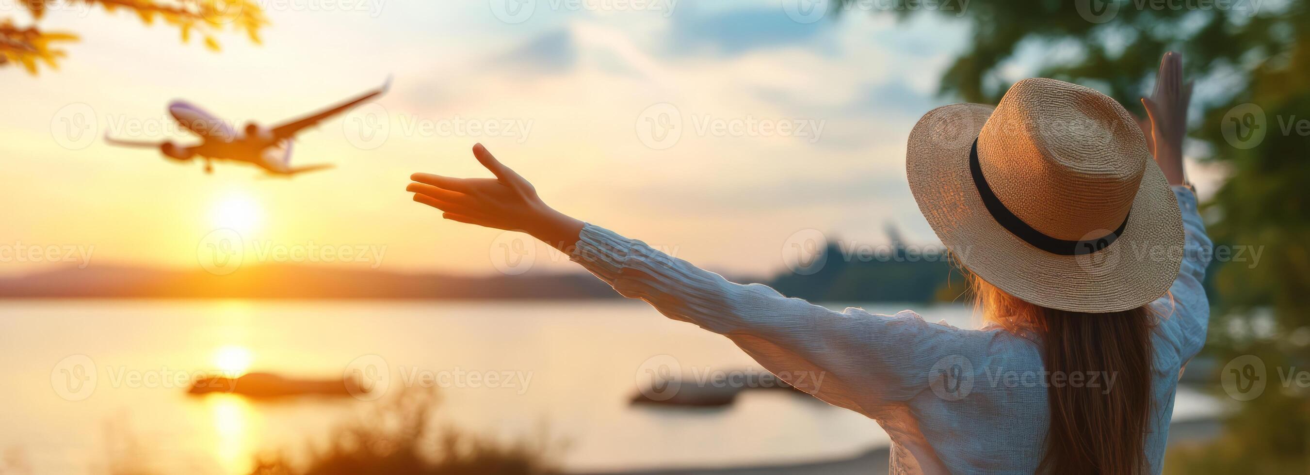 Woman Reaching Out to Plane Soaring at Sunset Over Tranquil Lake Landscape photo