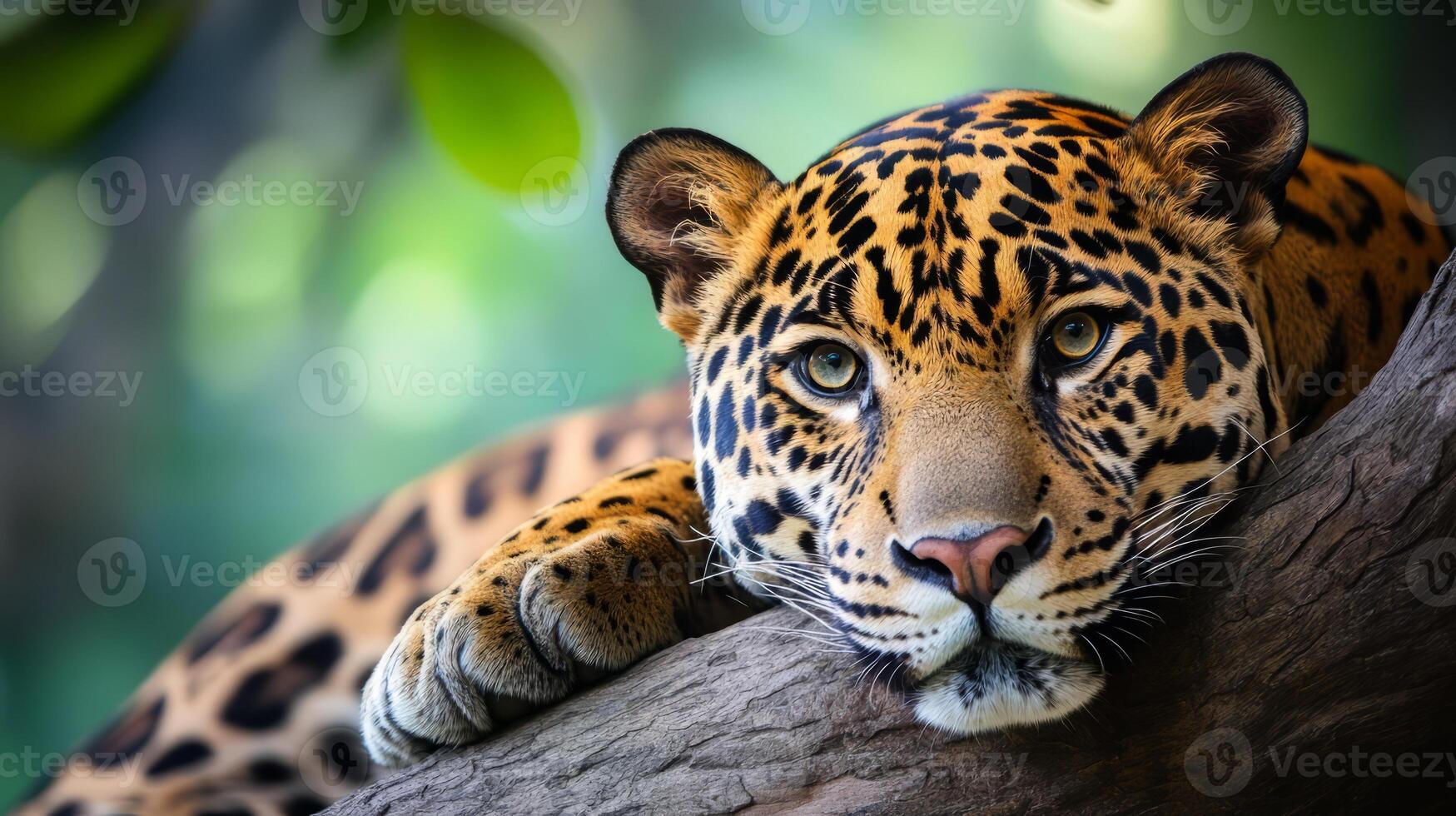 Powerful Jaguar Prowling on Tree Branch in Tropical Forest Habitat photo
