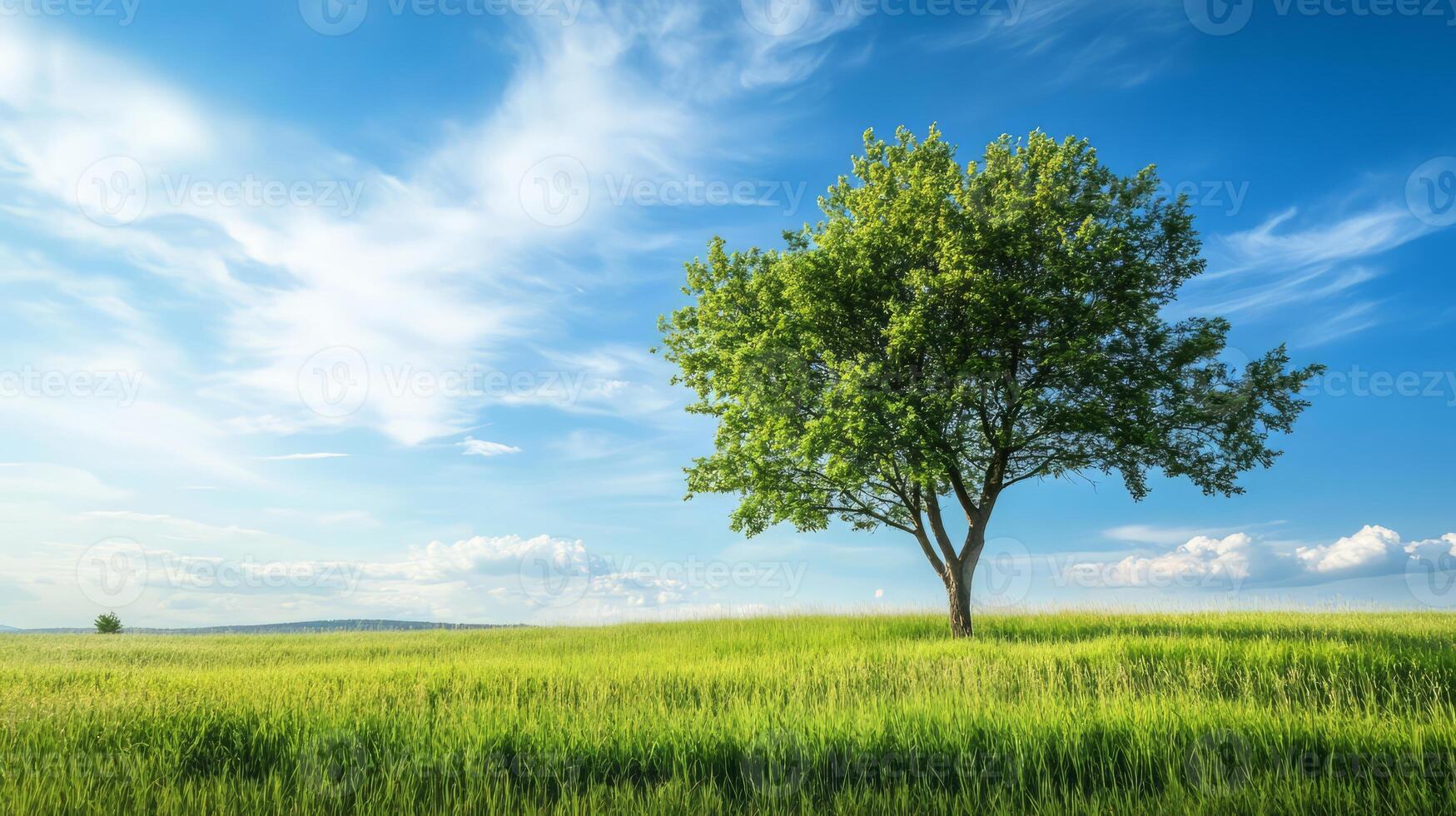 Lush Green Tree Stands Tall in Idyllic Meadow Under Bright Blue Sky with Fluffy Clouds photo