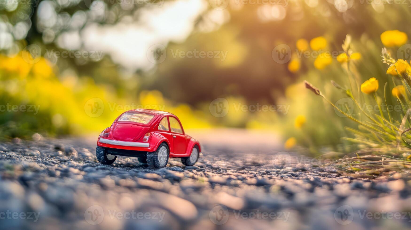 Vintage Red Toy Car Parked in Lush Natural Landscape with Sunlight and Flowers photo