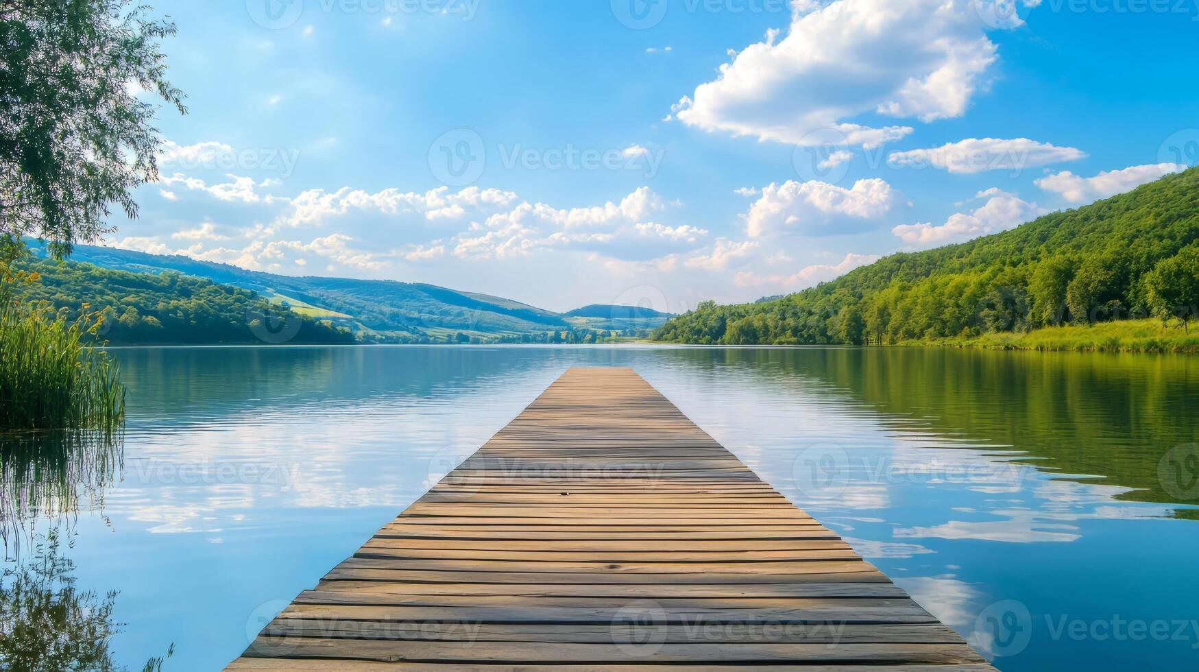 Peaceful Lakeside Dock in Idyllic Summer Landscape with Serene Reflection photo