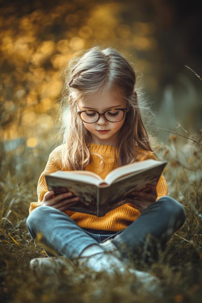 joven niña sentado en naturaleza atentamente leyendo un libro durante otoño foto