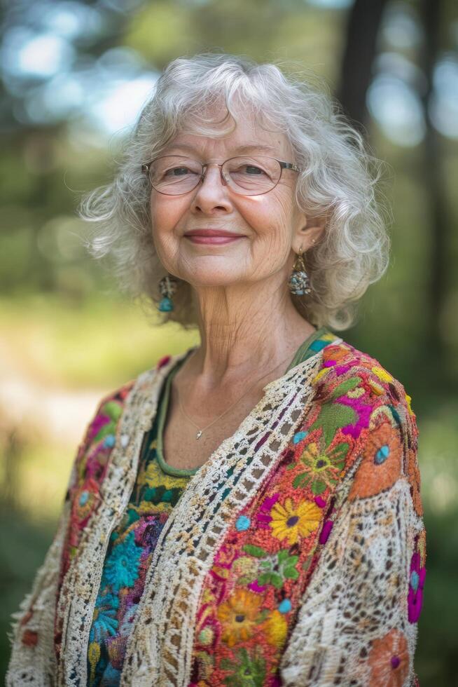 Cheerful Elderly Woman with Curly Gray Hair Smiling Outdoors Surrounded by Colorful Flowers photo