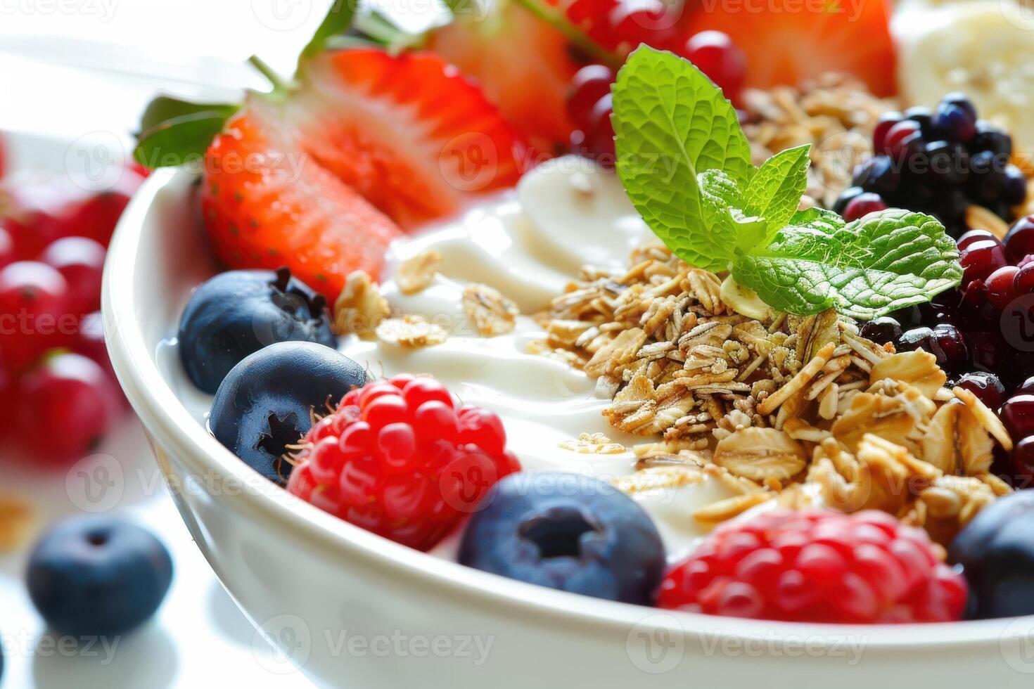 A bowl of fruit and yogurt with a mint leaf photo