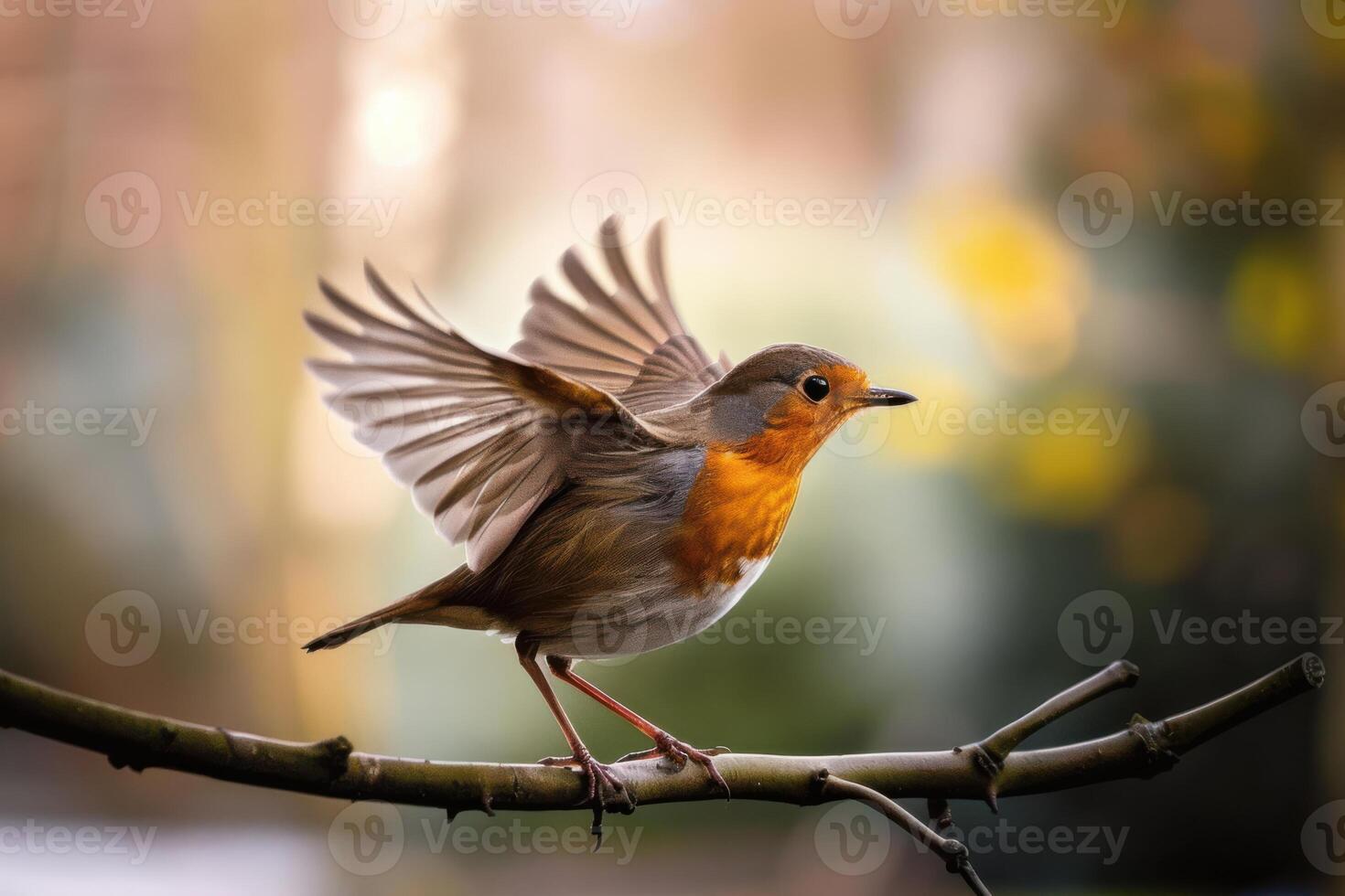 A robin is sitting on a branch with its wings spread photo