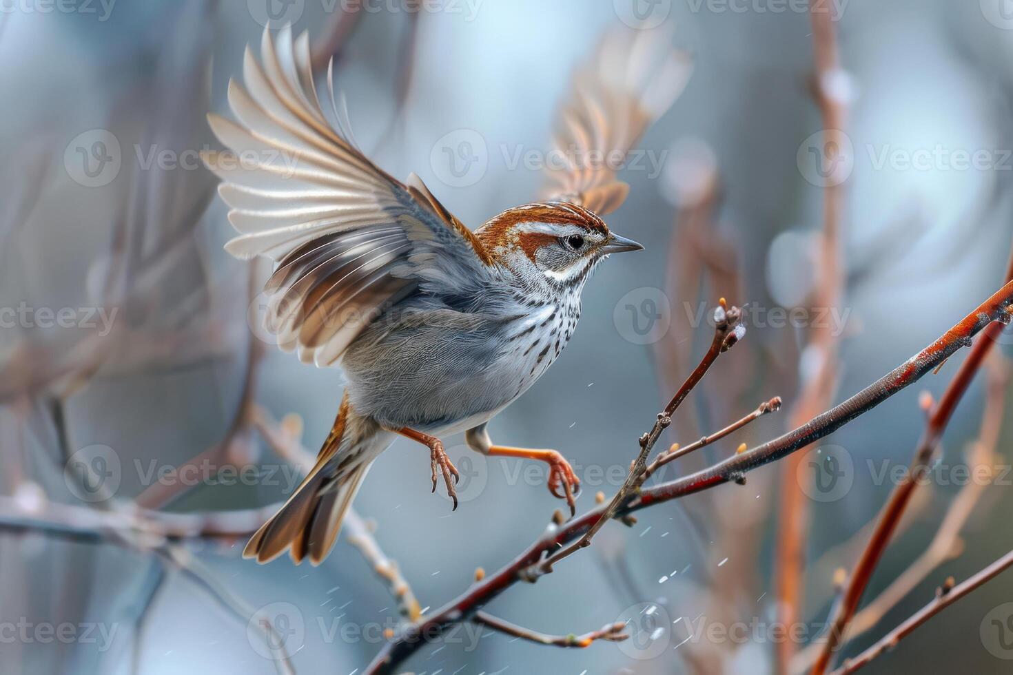 A bird is flying on a branch with its wings spread photo