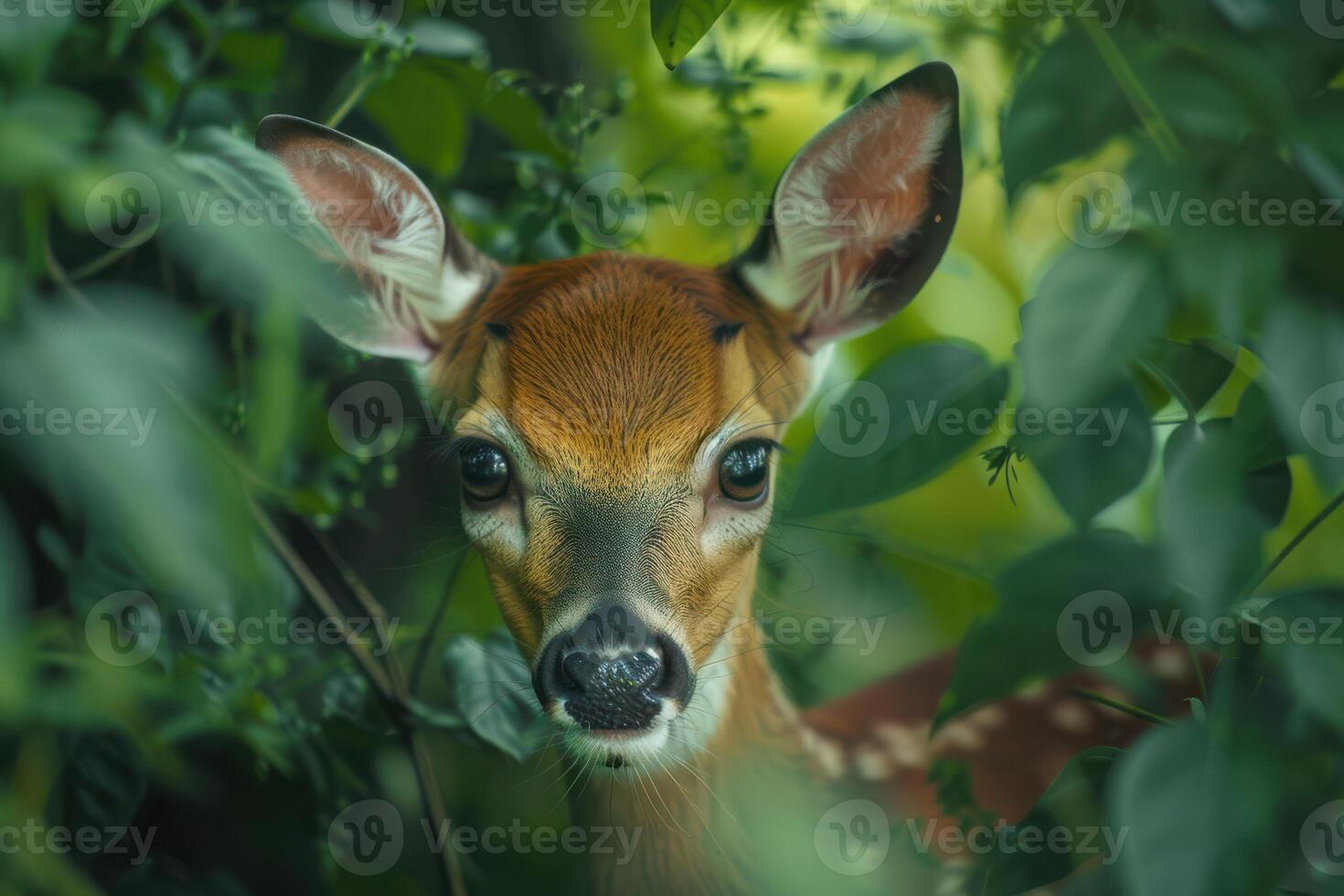 A fawn peeks out from behind some green leaves photo