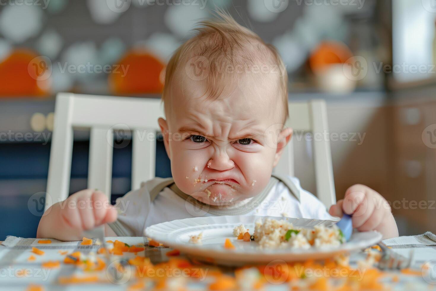 A baby is sitting at a table with a plate of food photo