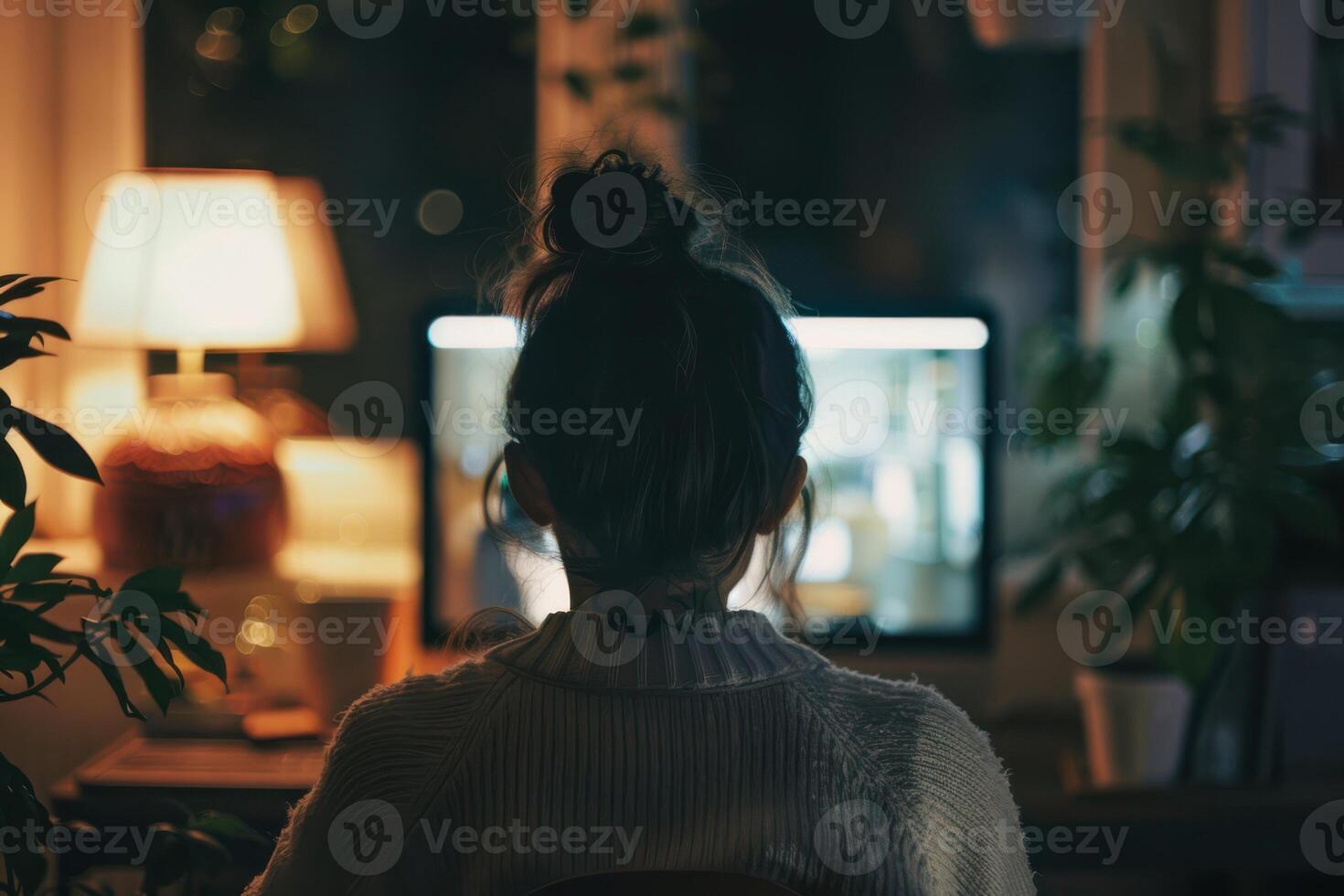 A woman sitting at a desk in front of a computer photo