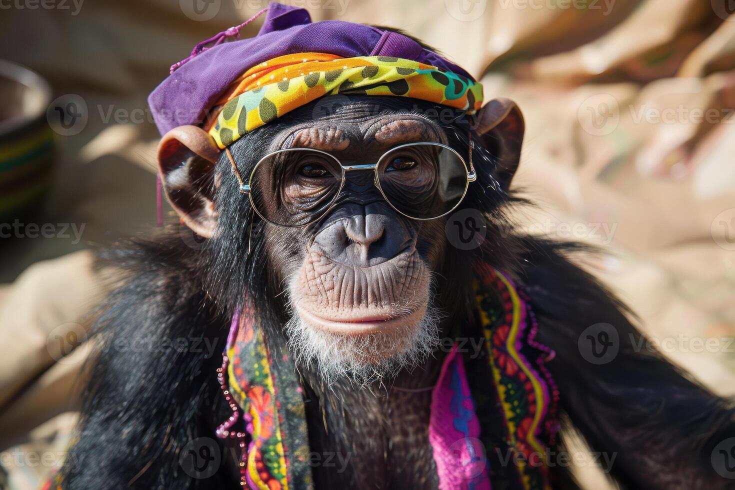 A chimpanzee wearing a colorful scarf and sunglasses photo