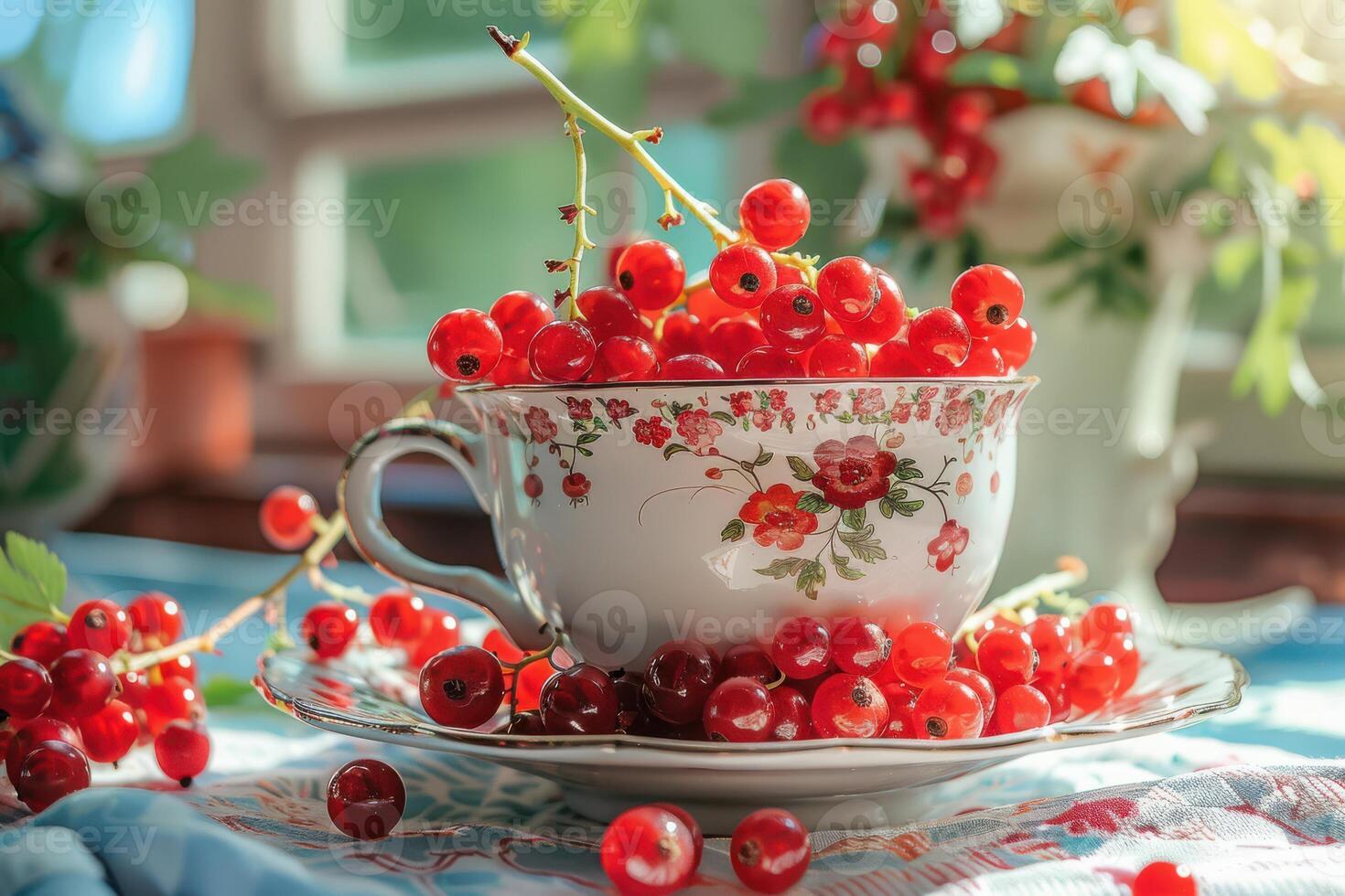 Red currants in a tea cup on a table photo