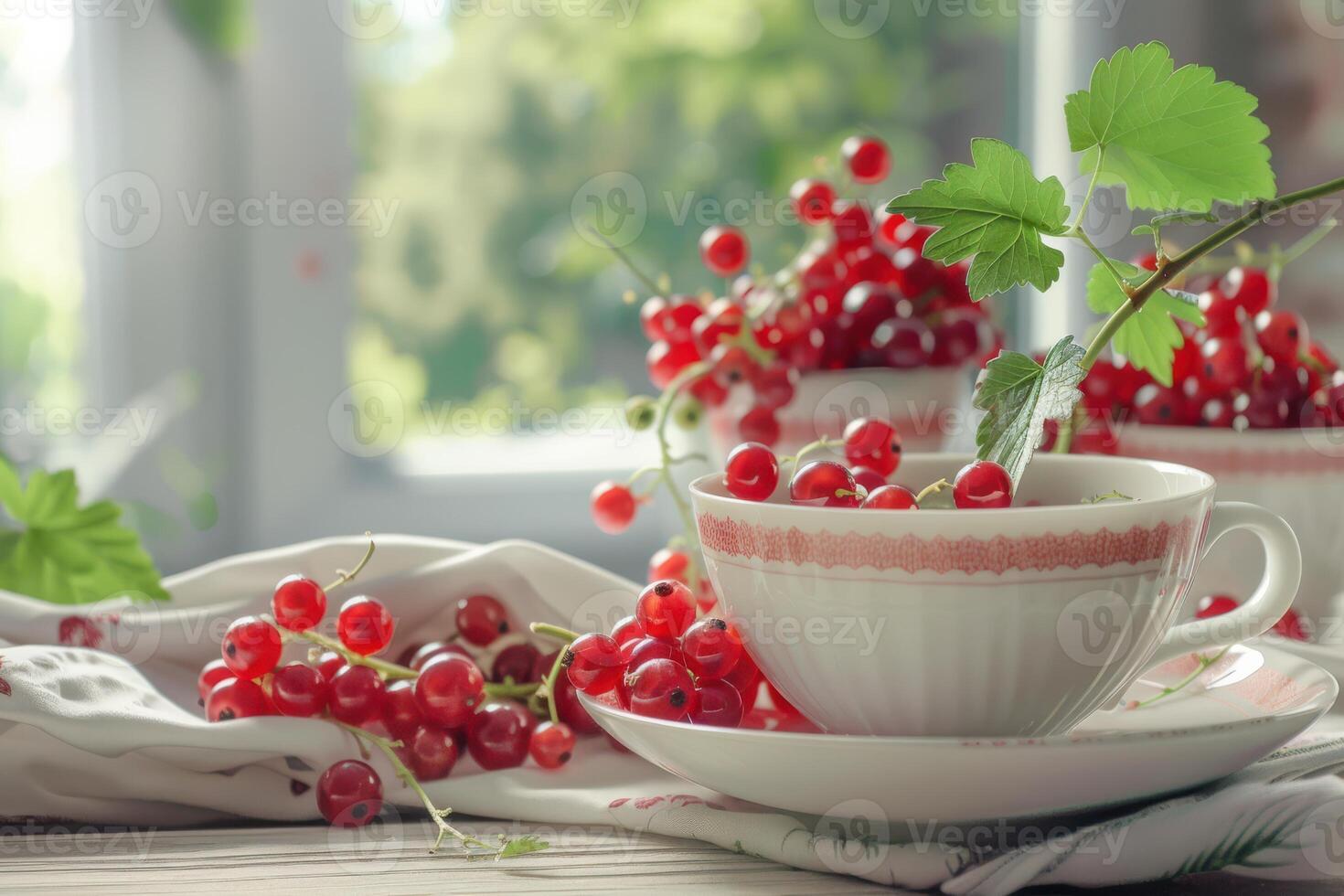 Cup of red currant tea on a table with a leafy branch photo