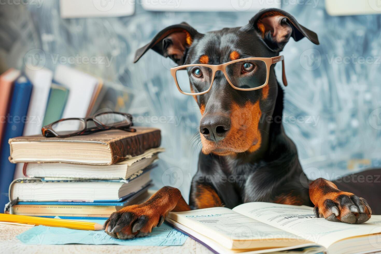 A dog wearing glasses and sitting on a desk with books photo