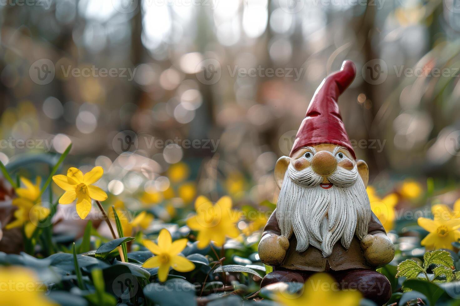 A gnome is sitting in the grass surrounded by yellow flowers photo