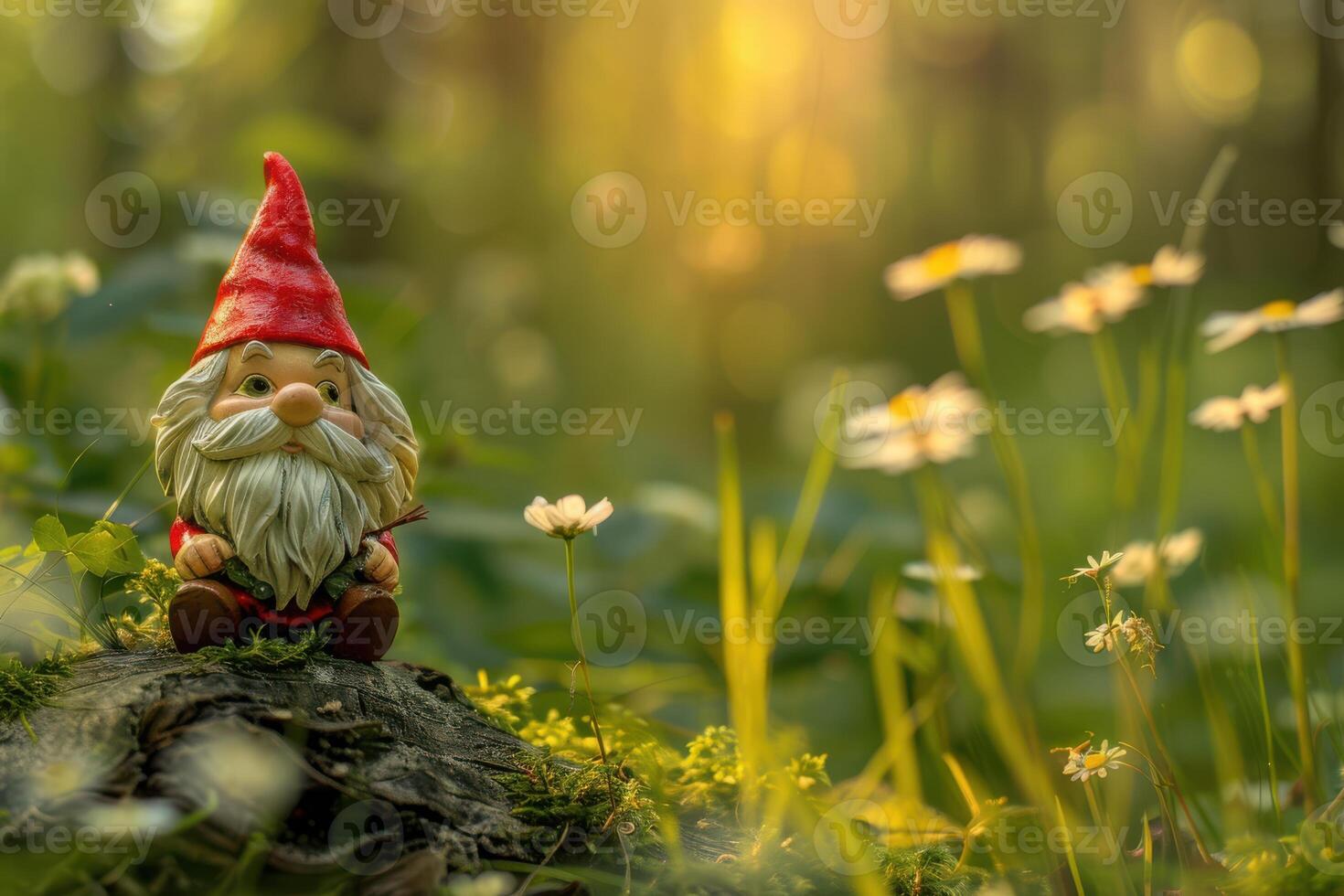 A gnome sits on a stump in the woods photo