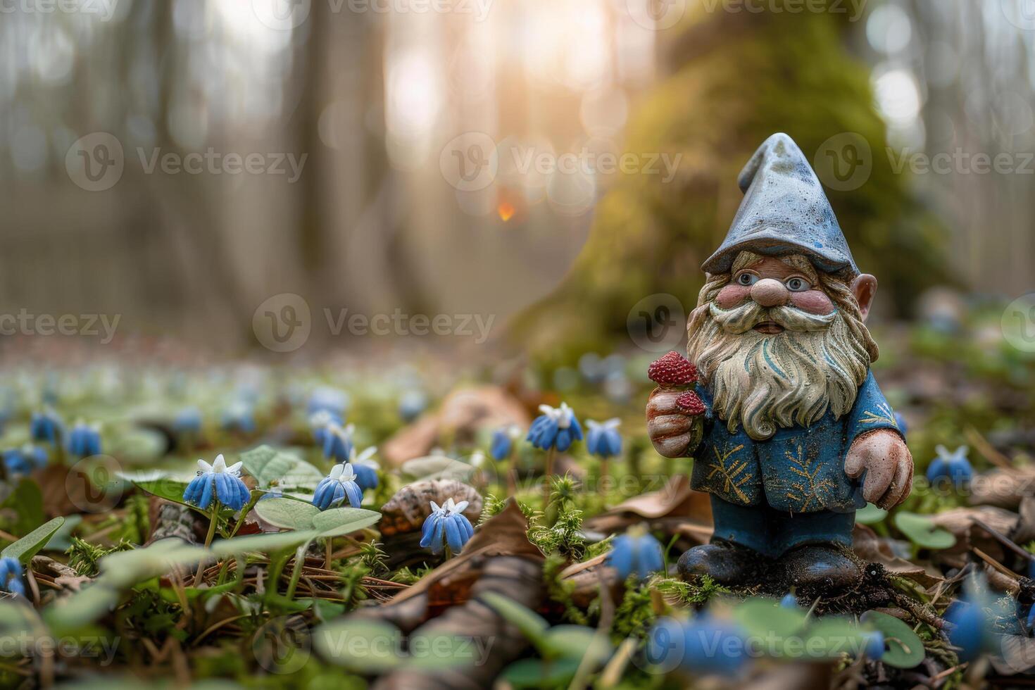 A gnome is standing in the forest with blue flowers photo
