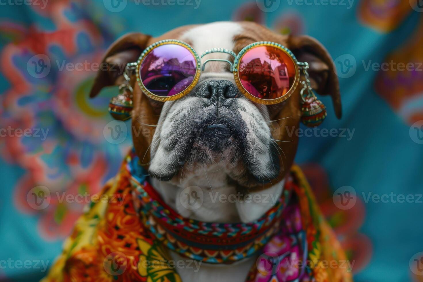 A dog wearing sunglasses and a colorful scarf photo