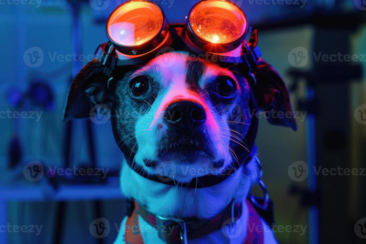 A dog wearing goggles and a lab coat photo