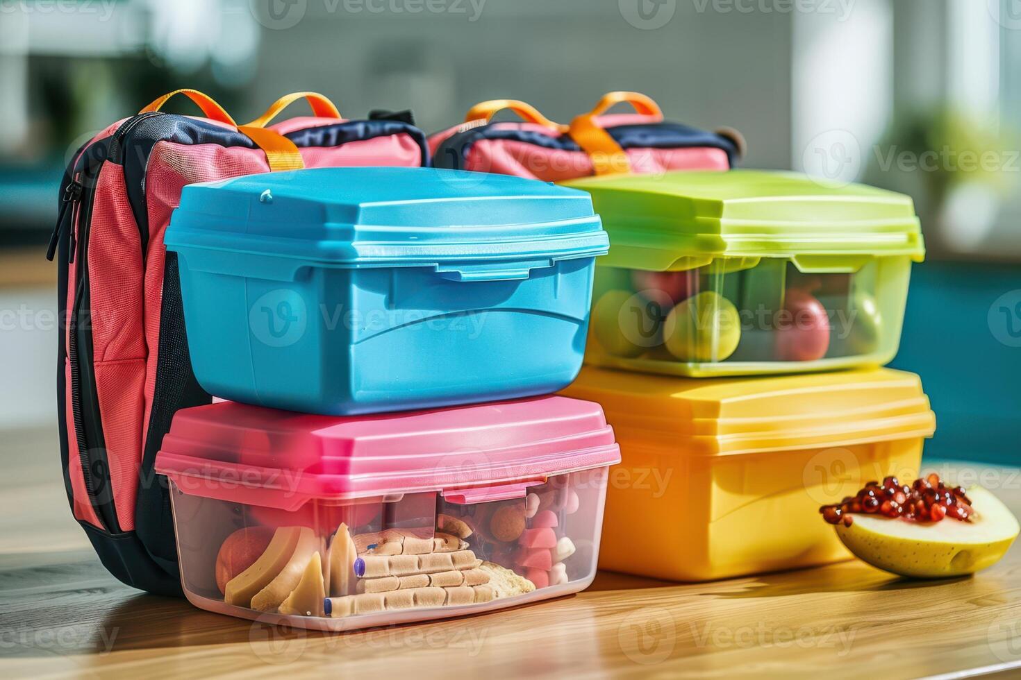Three lunch boxes with fruit and vegetables on a table photo