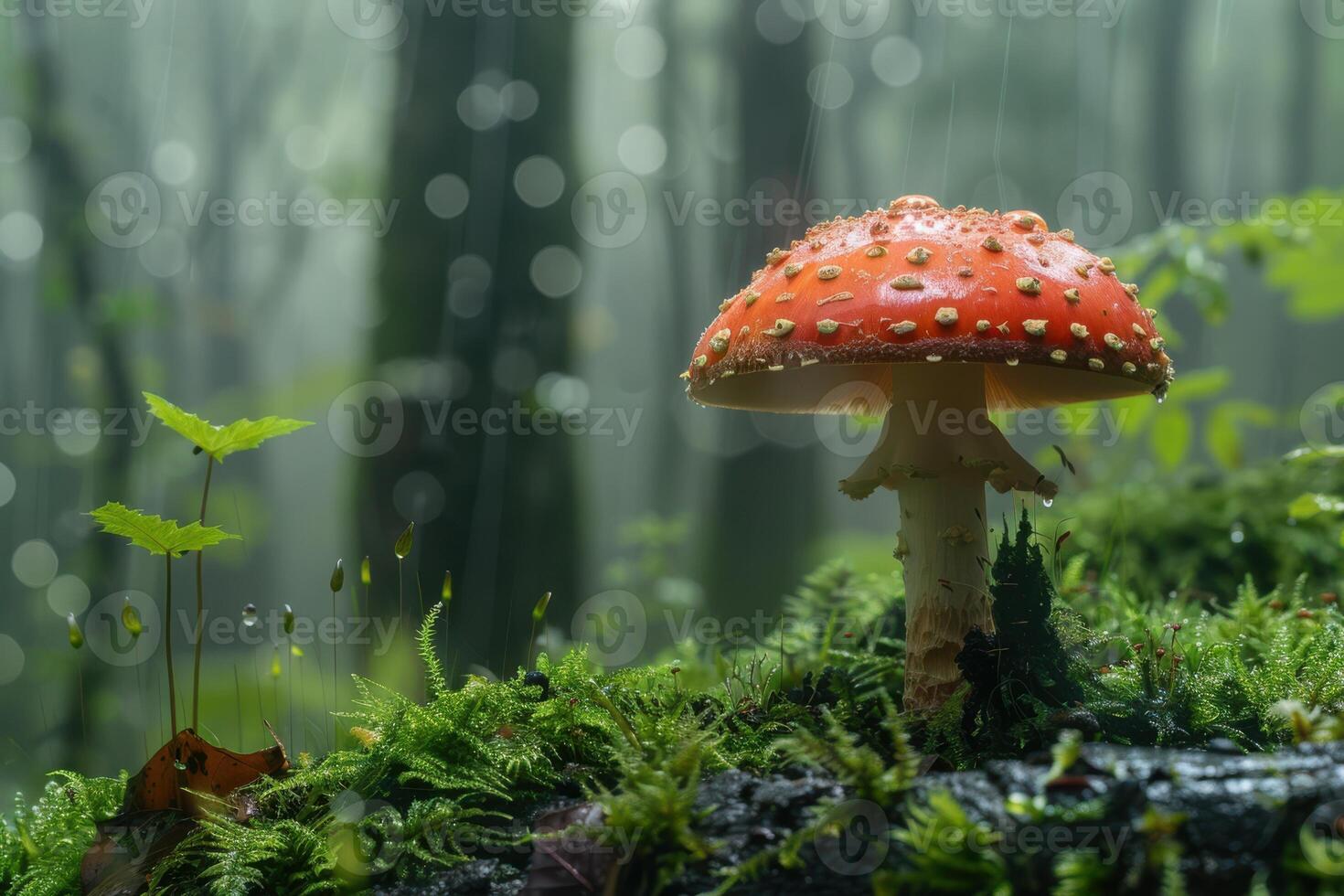 A red mushroom is standing on a moss covered forest floor photo