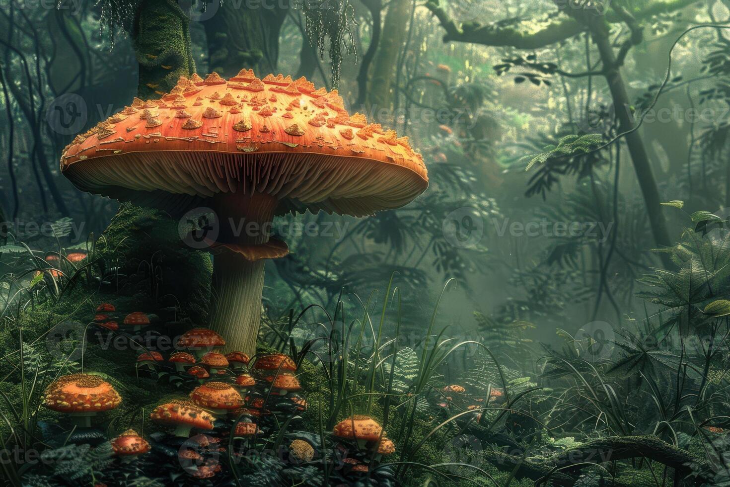 A mushroom is sitting on top of a tree in the middle of a forest photo