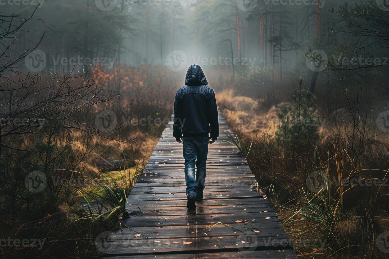 A man in a hoodie walking on a wooden bridge in the fog photo