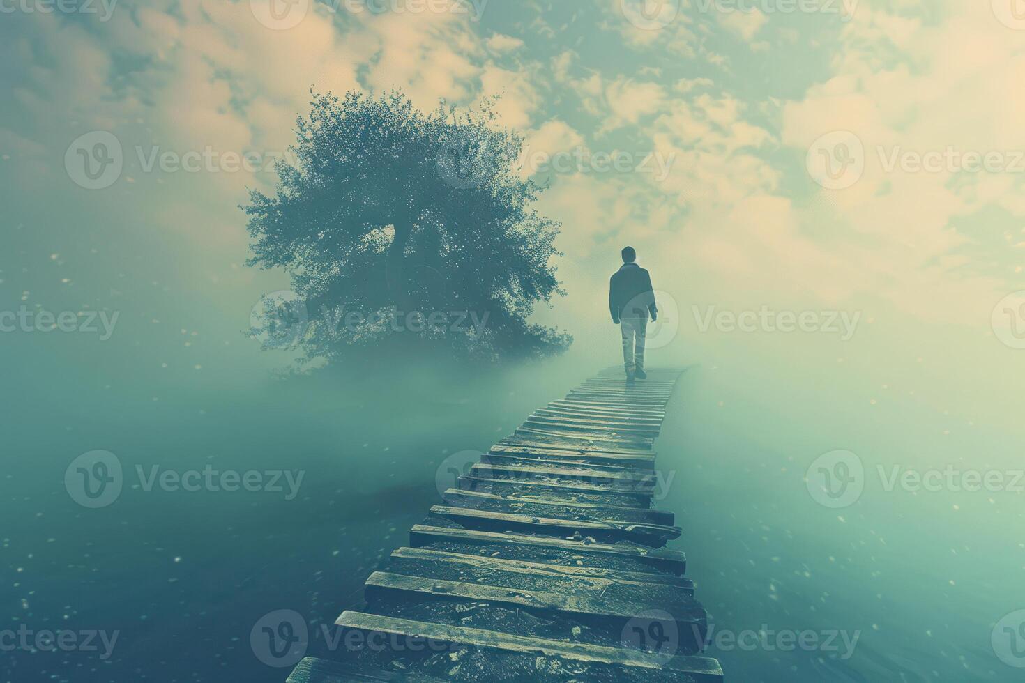 A man walking on a wooden bridge over a body of water photo