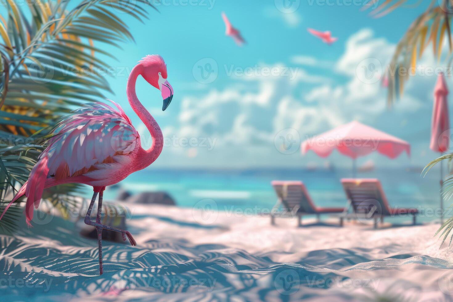 A pink flamingo stands on the beach next to a beach chair photo