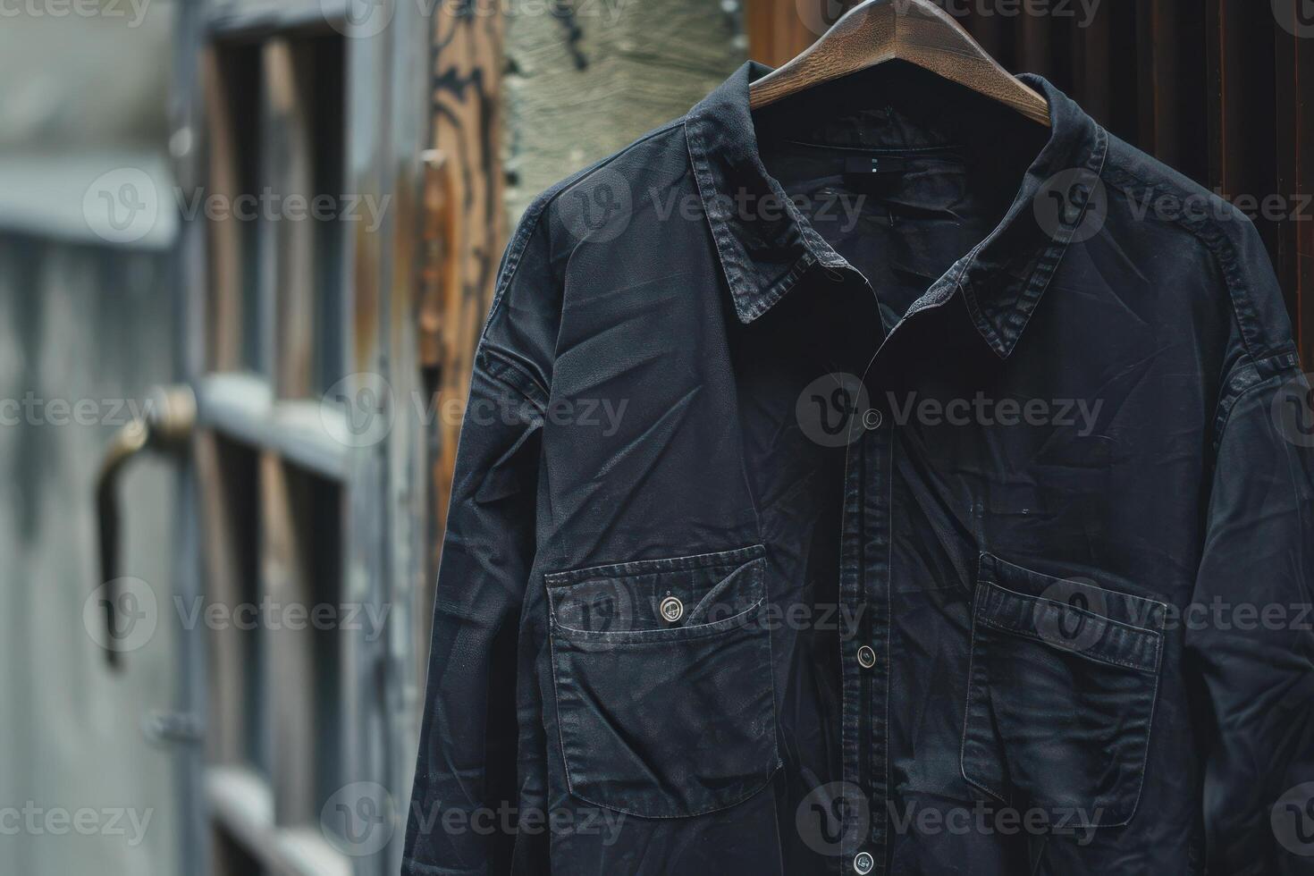 A black shirt hanging on a wooden door photo