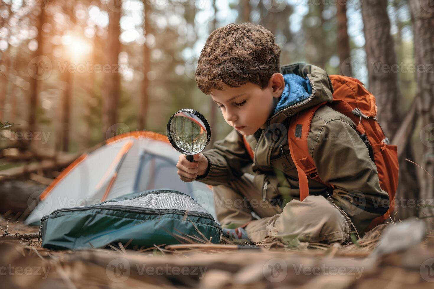 A boy looking through a magnifying glass in the woods photo