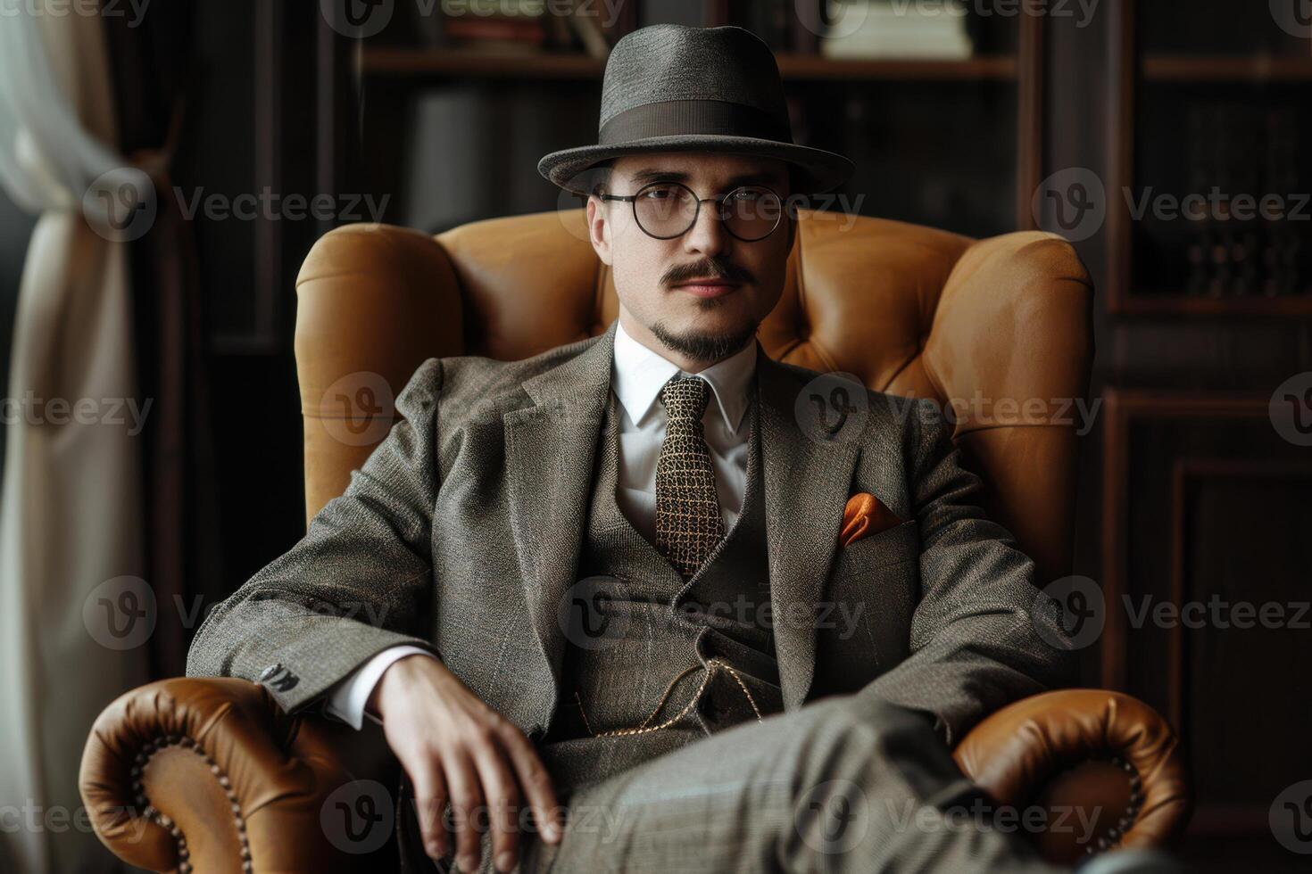A man in a suit and hat sitting in an armchair photo
