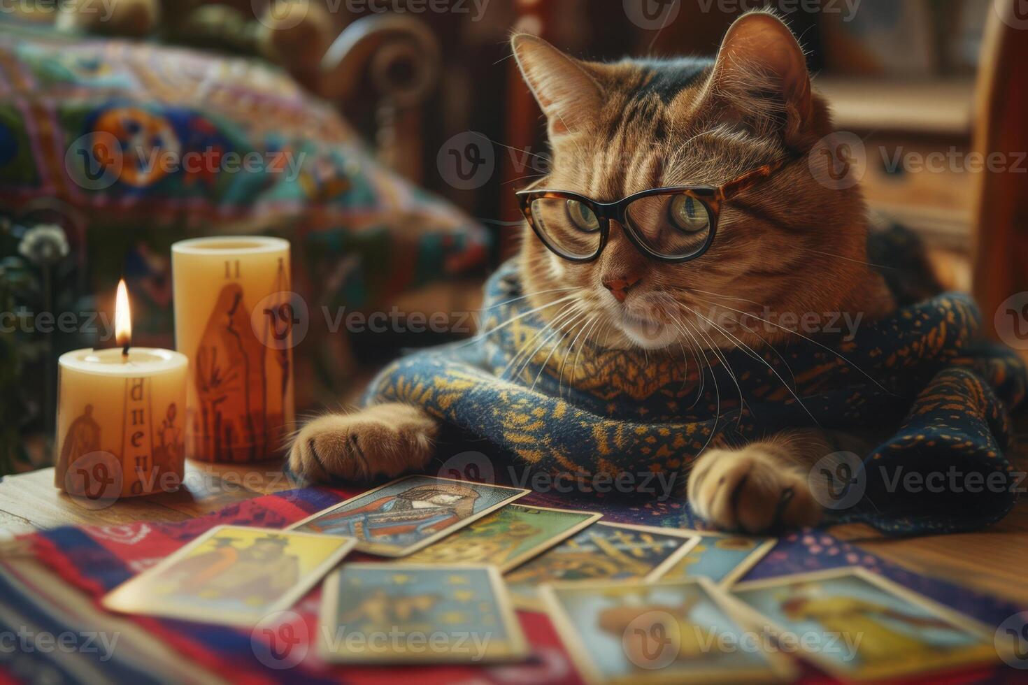 A cat wearing glasses and a scarf sitting at a table with tarot cards photo