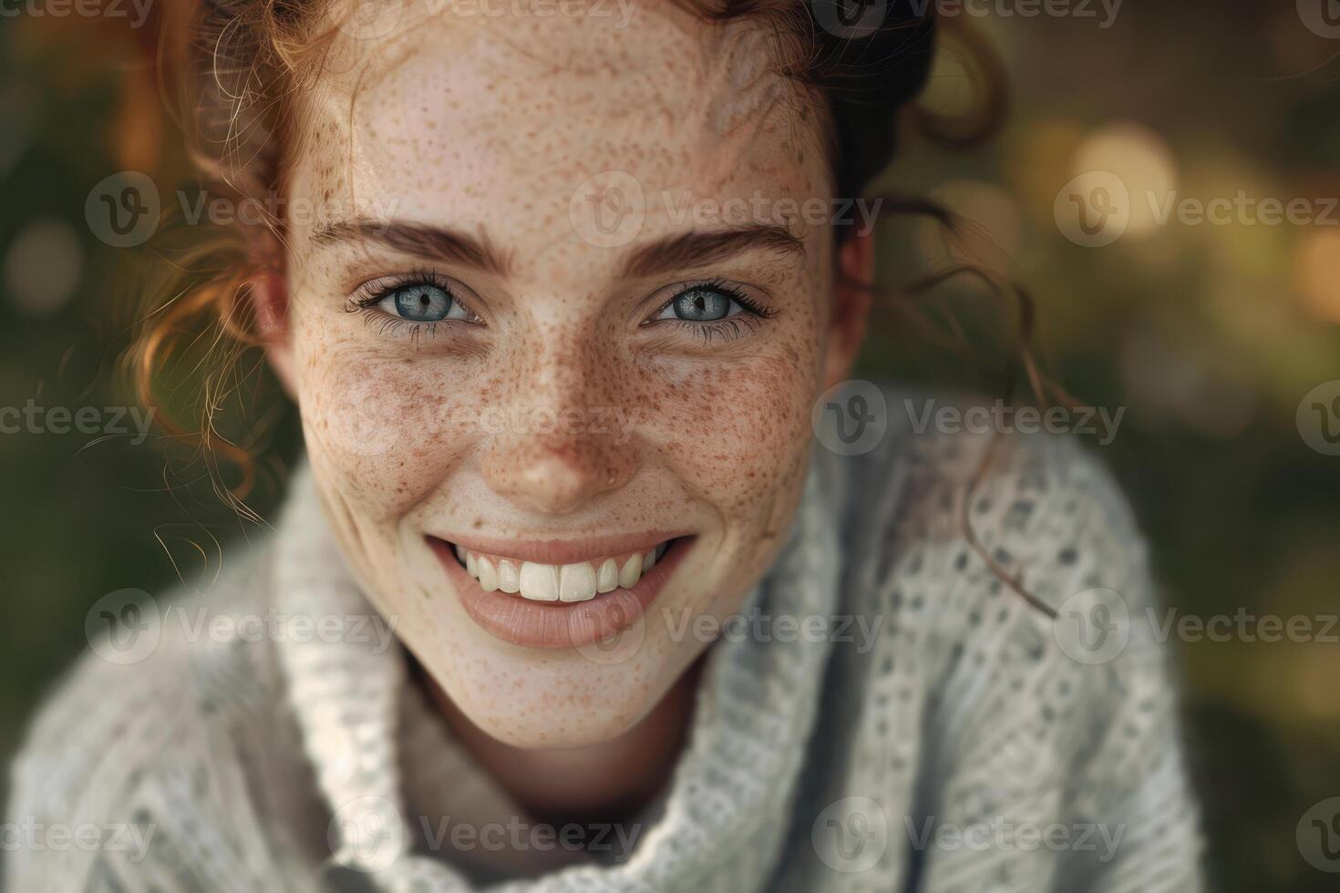 A woman with freckles smiling photo