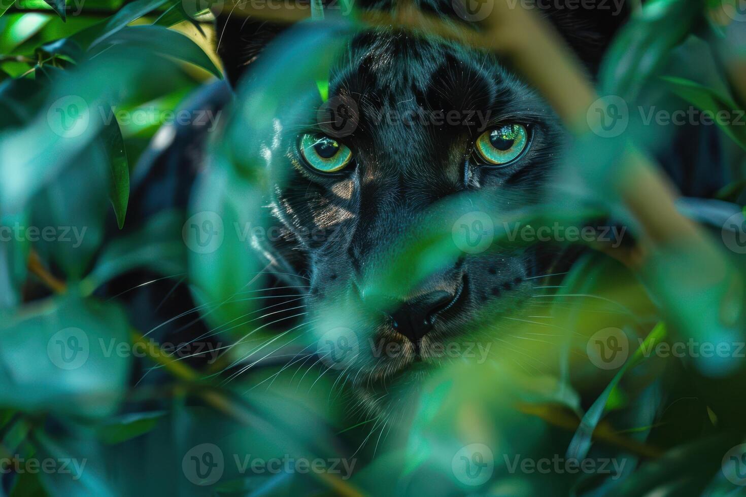 A black panther peeking out from behind some leaves photo