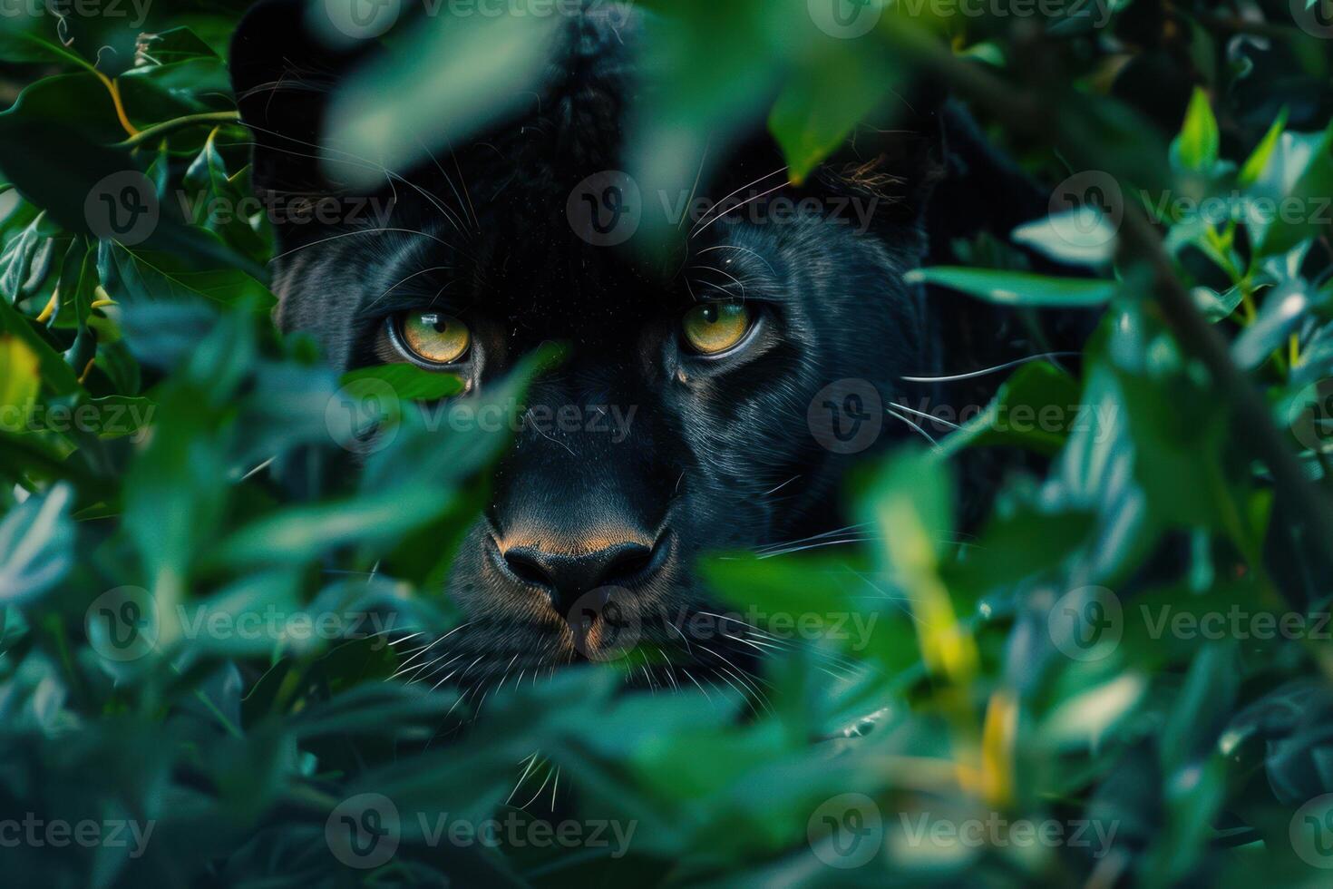 A black panther hiding in the bushes photo